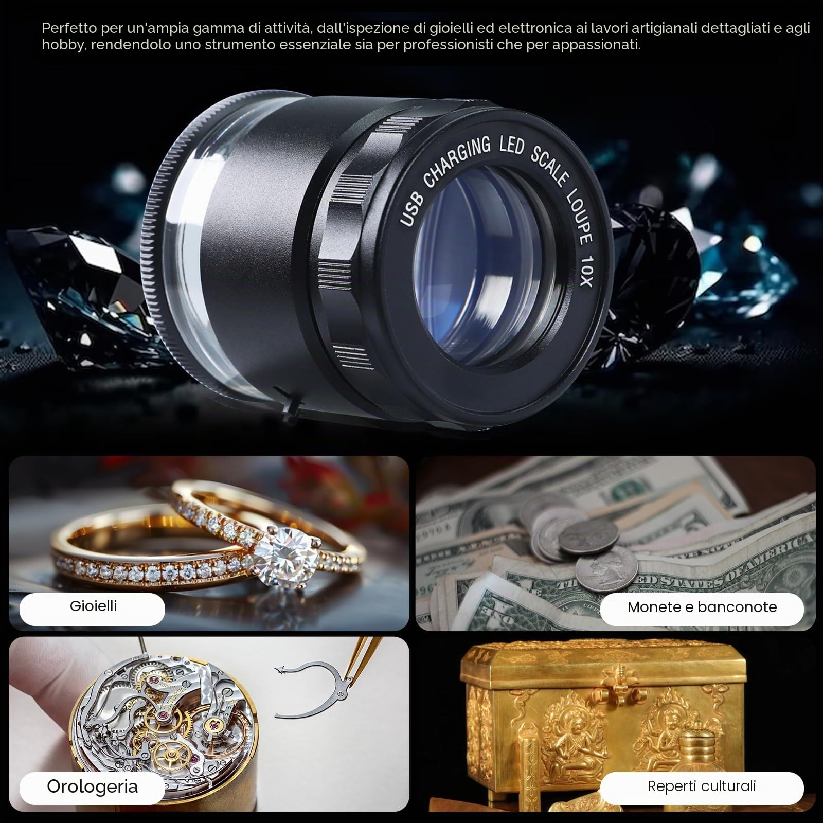 Lente d'ingrandimento ricaricabile per gioiellieri, 10 x con luci a LED e 3 scale a reticolo, campo visivo da 25 mm, messa a fuoco regolabile, lente d'ingrandimento a LED per gemme, monete, orologi