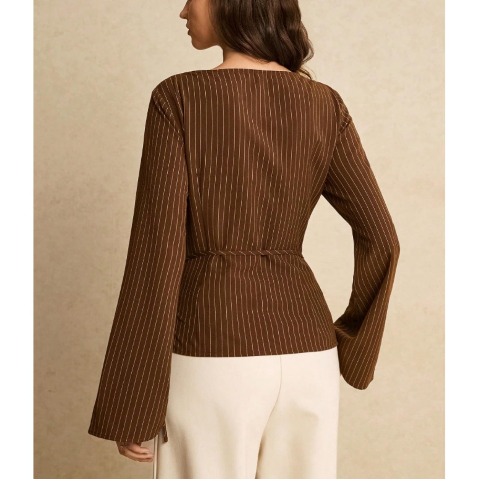 Blusas de mujer con escote barco manga trompeta y detalle anudado | Cuello barco cintura entallado dobladillo asimétrico enlace de ajuste lateral ajustable estilo casual de negocios para el día