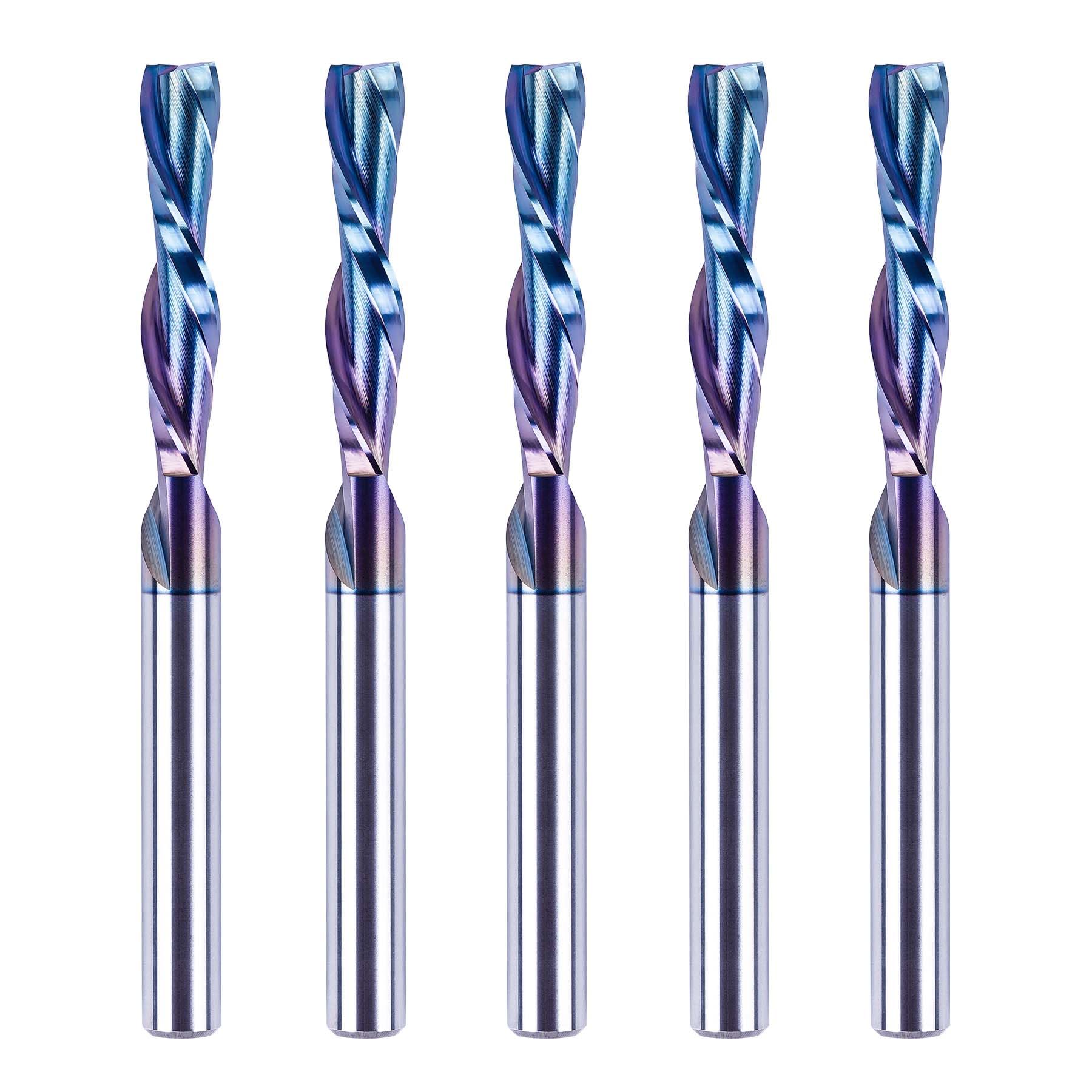 SpeTool 5PCS Down Cut Spiral Router Bits 1/4 Shank with Coating, 1-1/4 Inch Cutting Length 3 Inch OVL, CNC Router Bits for Wood Inlay Slot Mortise Cutting Carving Engraving