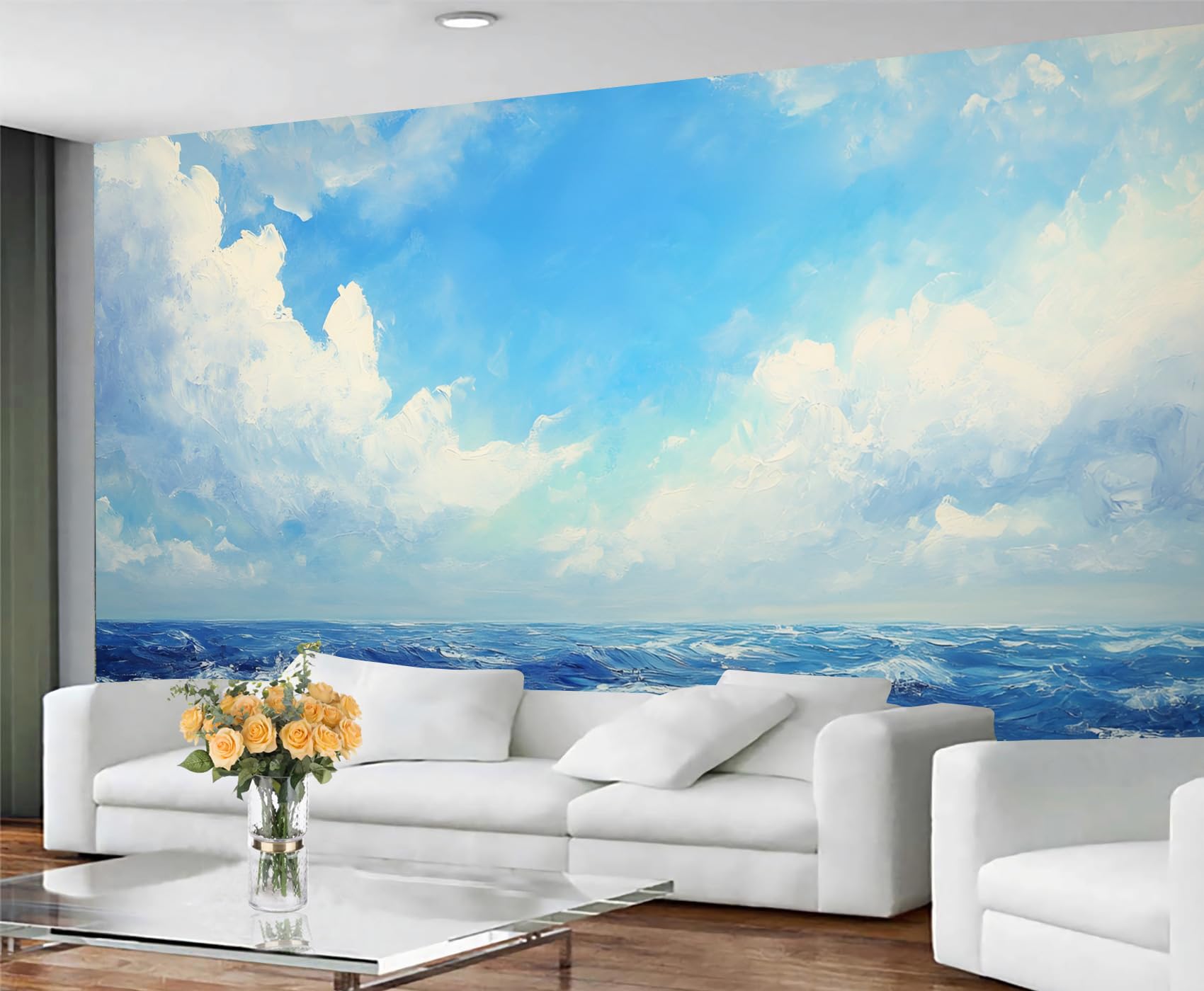 GIVLWF Cloud Wallpaper, Ocean Blue Sky Self Adhesive Wallpaper for Living Room, Sea Wave Clouds Wall Paper for Bedroom, Sky Cloud Wall Mural, Natural Scenery Large Mural & Room Decor
