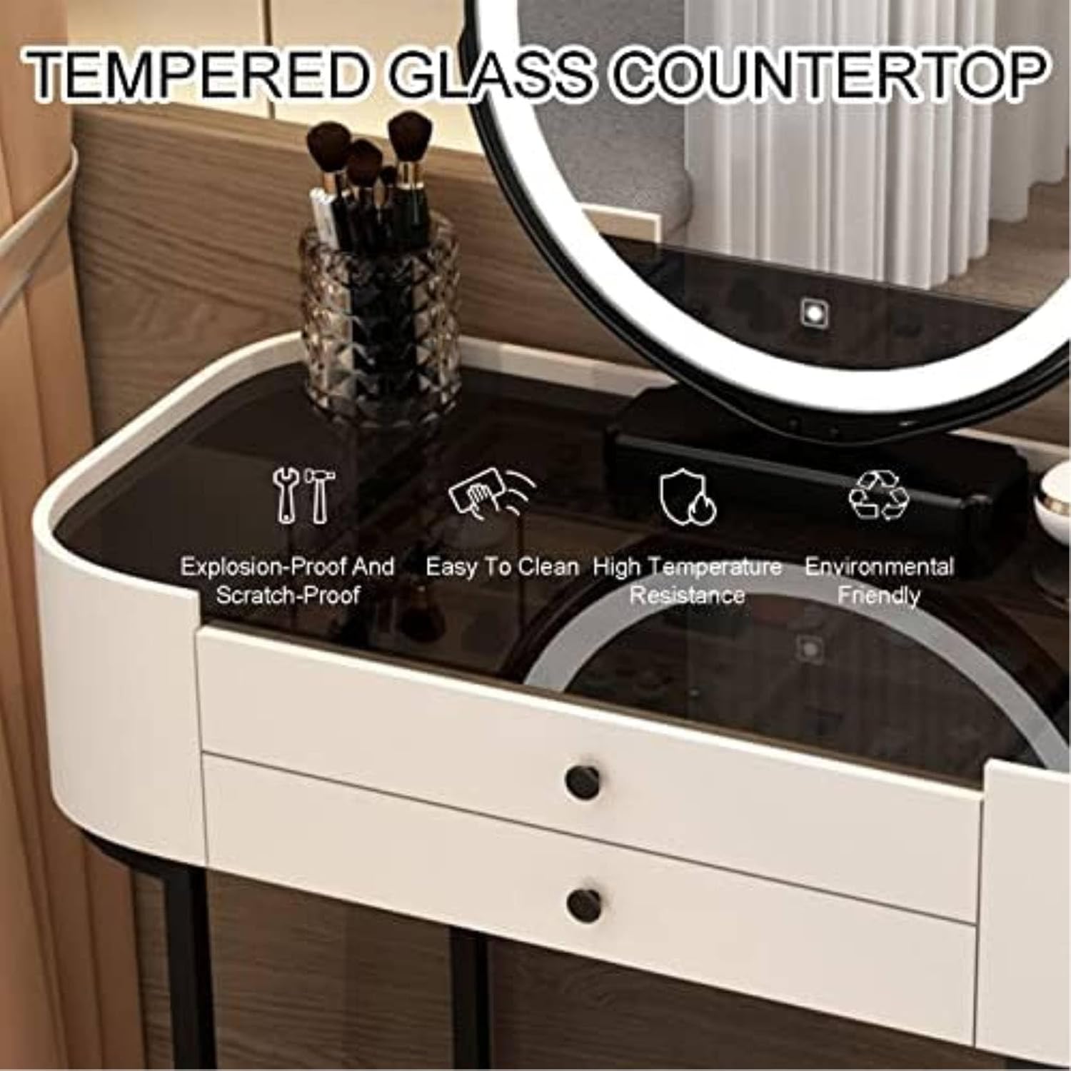 LED Lighted Dressing Table Set with Flip-Top Mirror & Rolling Stool Makeup Vanity Desk for Bedroom Stylish Makeup Station with Cushioned Seat image 2