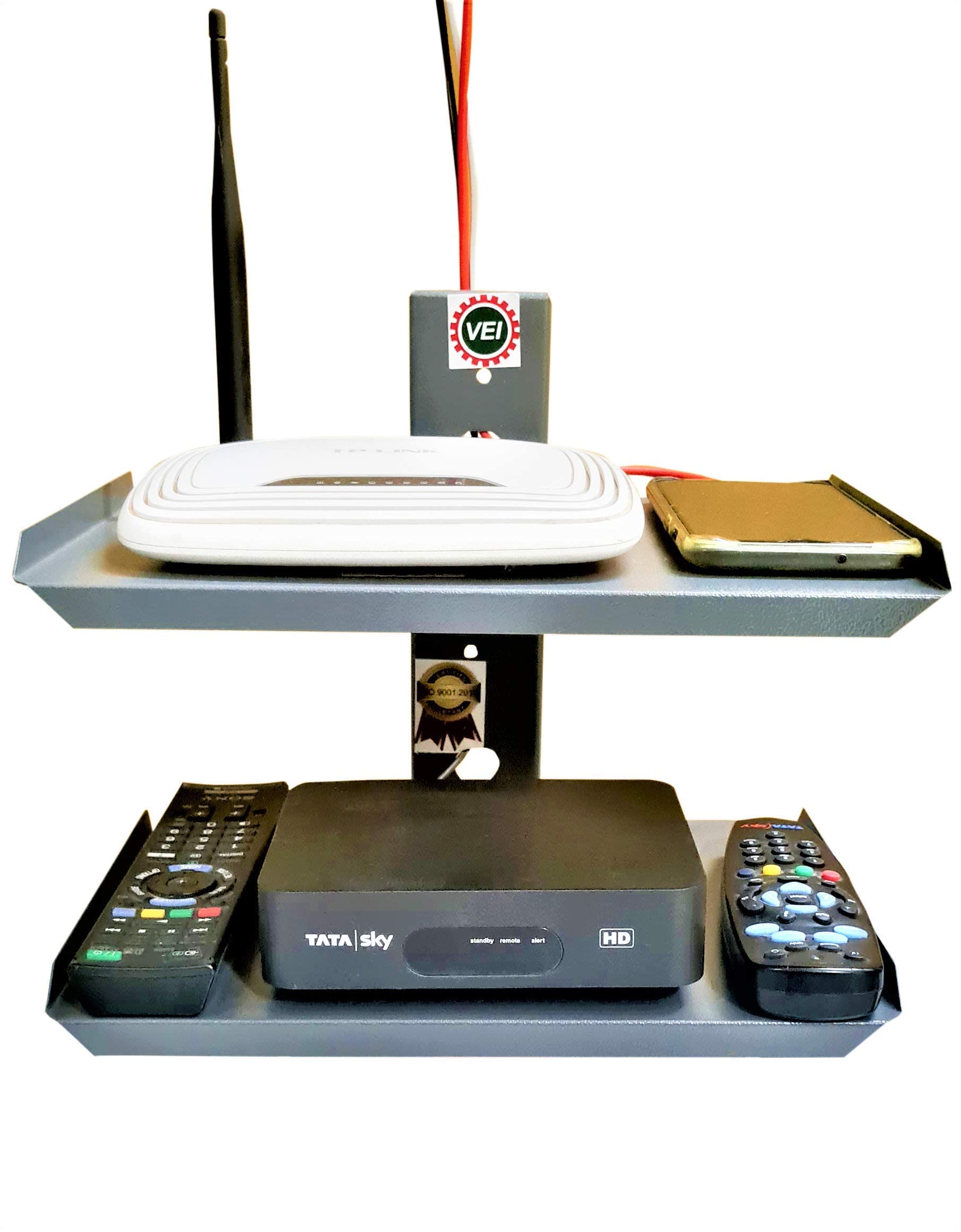 VEI Multi Purpose Wall Mounted Heavy Duty Double Shelf Rack for Living Room for WiFi Set Top Box Stand Steel Home Decor Hanging Shelf Rack with ISO 9001 Certified. (Double Grey Shelf)