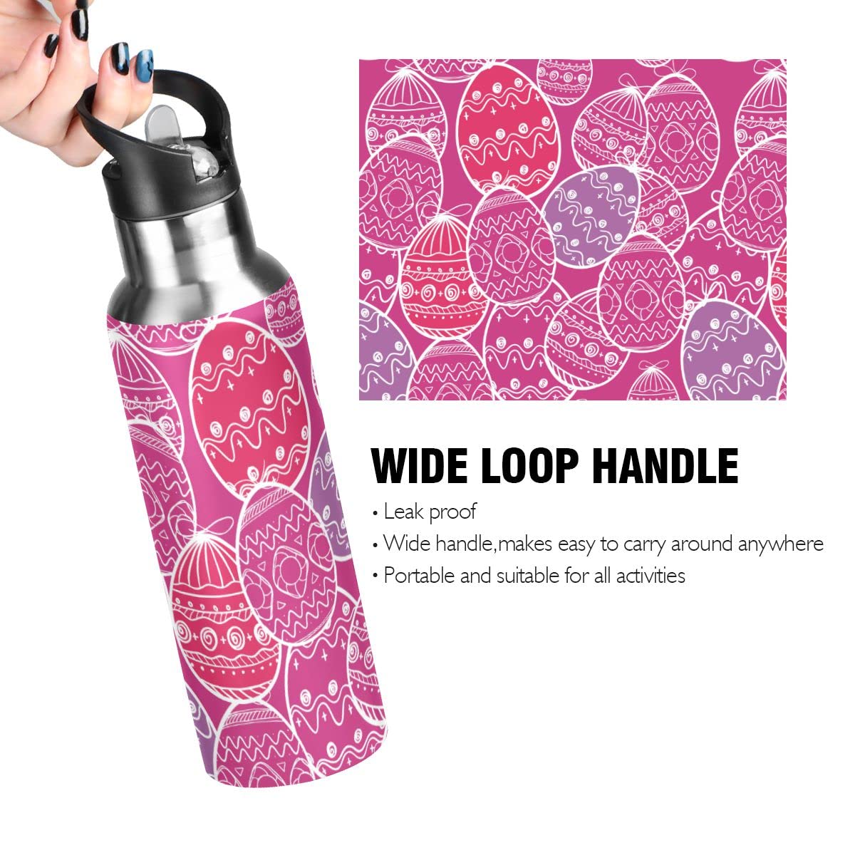 Edelstahl Wasserflasche mit Strohhalm, Ostereier Isolierte Trinkflasche Sport Wasserflasche für Kinder Erwachsene, auslaufsicher, 1L