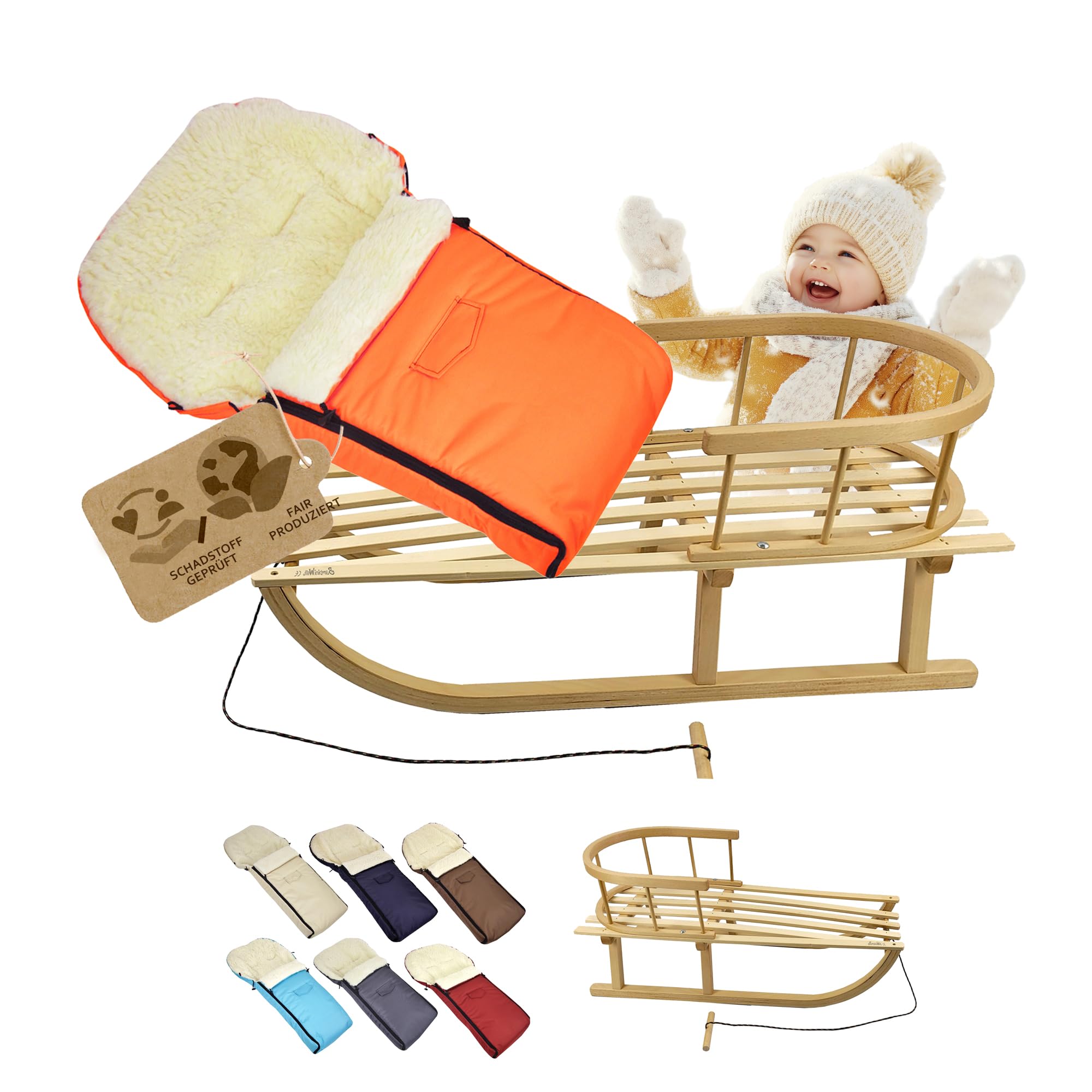 Trineo de madera con respaldo y cuerda de tracción + saco universal de invierno (90 cm), adecuado para portabebés, cochecito, cochecito de bebé, lana UNI (naranja)