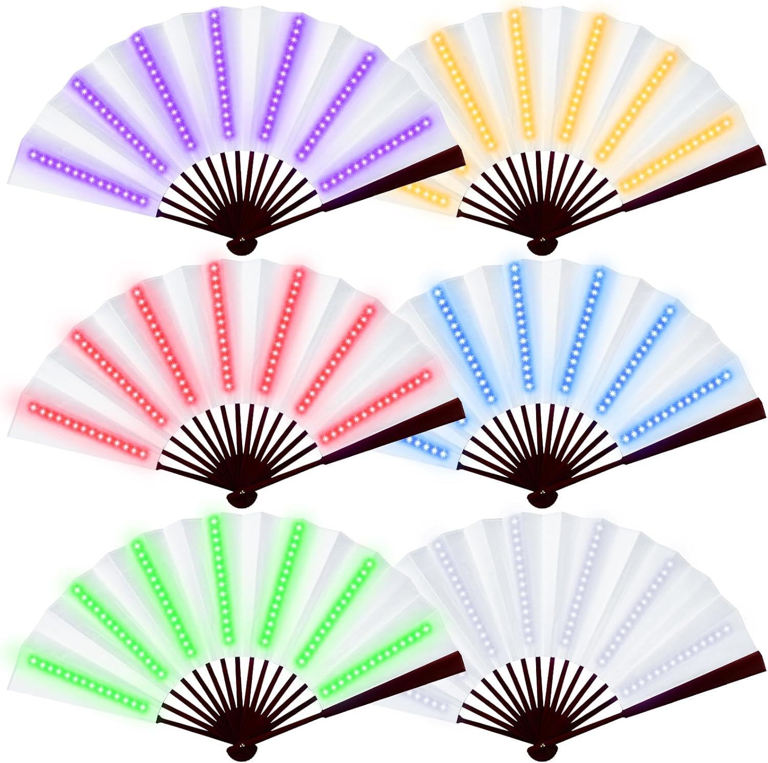 Roowest 6 Pcs 6 Pcs Rave Light up Folding Fan for Line Dancing with Battery LED Large Handheld 6 Colors Glowing Fan for Party Gift Performance Show Birthday Night Club (White,Neon)