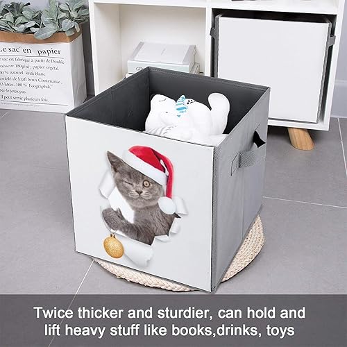 Miniatura 6 de Winking Kitten Santa Hat Storage Cubes,Fabric Collapsible Storage Bins with Dual Handles,Christmas Balls Foldable Cube Baskets for Shelf,Closet