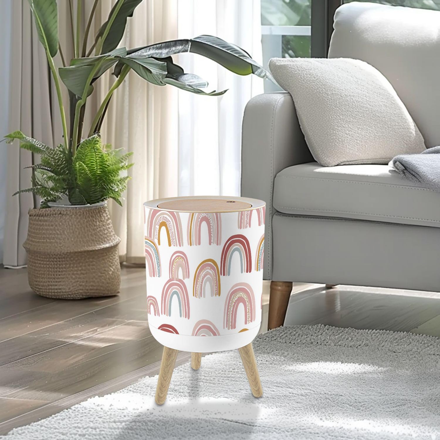 Small Trash Can with Lid Boho Nursery Rainbow For Playroom Kids Bedrooms Neutral Gender Colors 1.8 Gallon/7L Garbage Can Waste Bin with Press Top Lid Legs Waste Basket for Bathroom Kitchen Bedroom