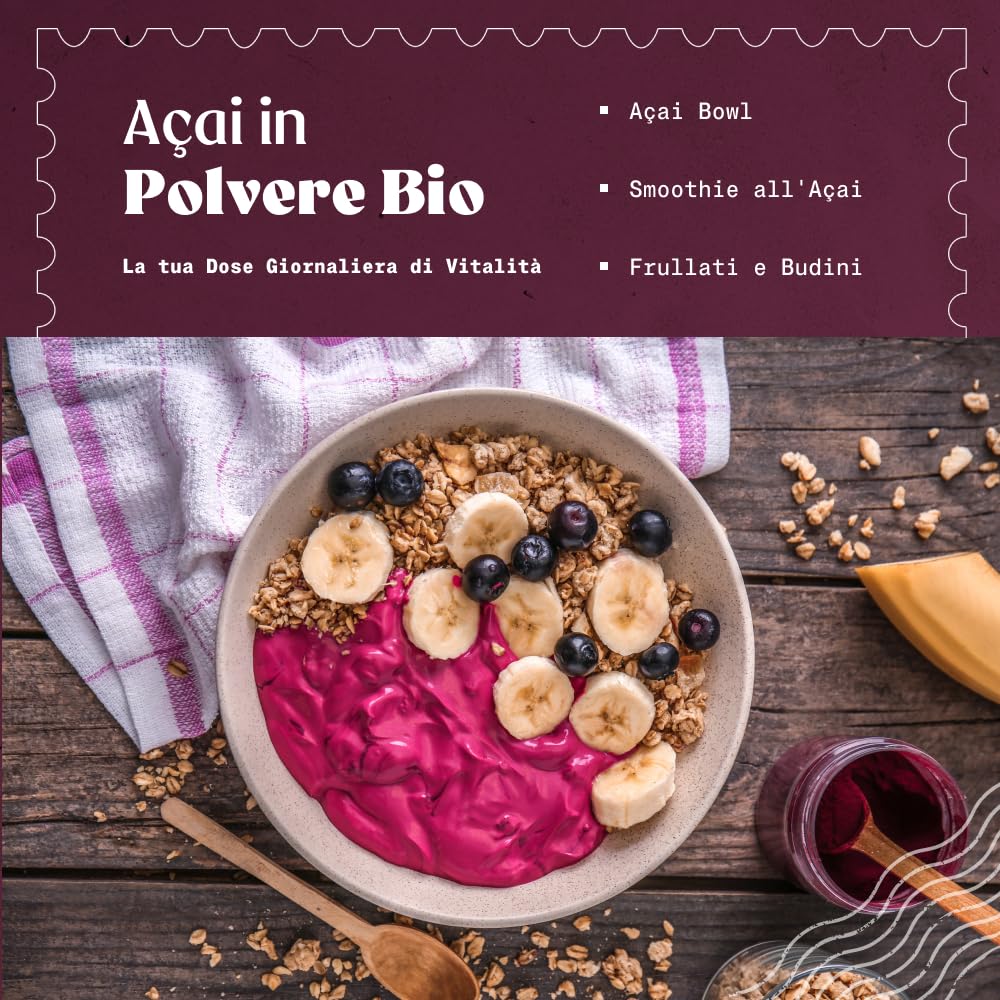 NaturaleBio Bacche di Acai Biologiche in Polvere - Freeze-Dried - 200 gr. Prodotto in Brasile, Liofilizzato, Crudo ed Estratto dalla Polpa della Bacca di Açai.