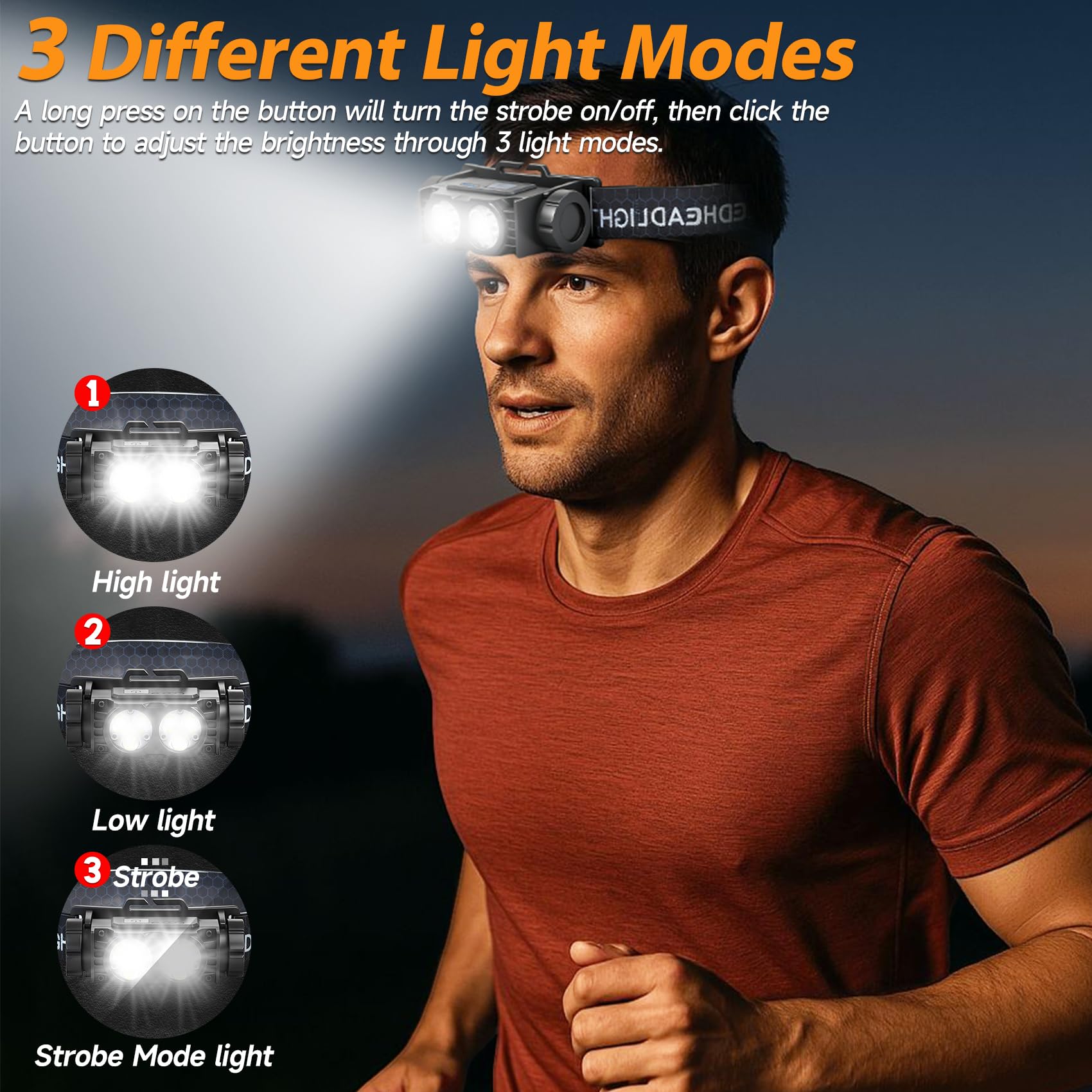 Bud K Stirnlampe, wiederaufladbar, 5000 l, superhelles Licht, LED, wiederaufladbar, 3 Modi, abnehmbare Taschenlampe und wasserdichte Stirnlampe für Erwachsene, Laufen, Outdoor, Notfall, harte Mütze