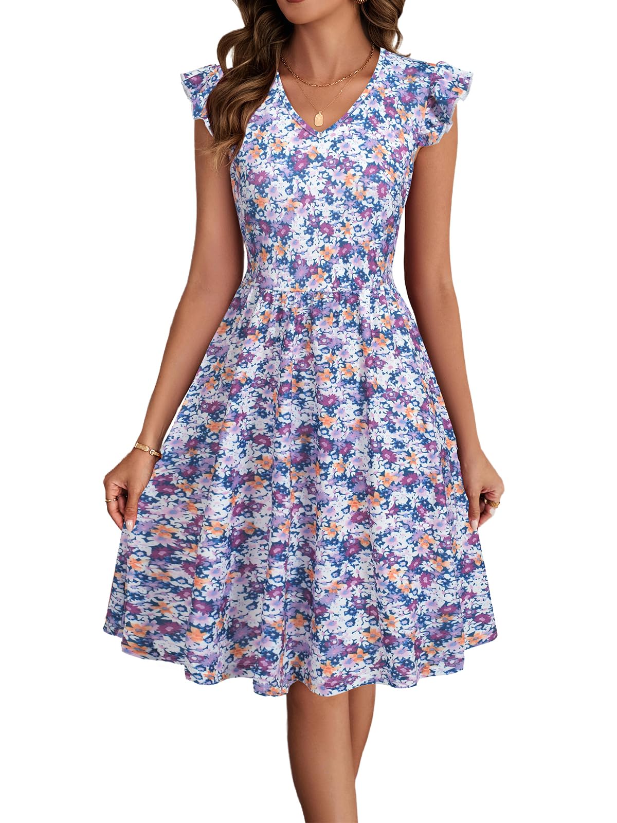 HELYO Women's Summer Dresses Cute V Neck Ruffle Sleeve Cocktail Short Work Casual Dress with Pockets 648