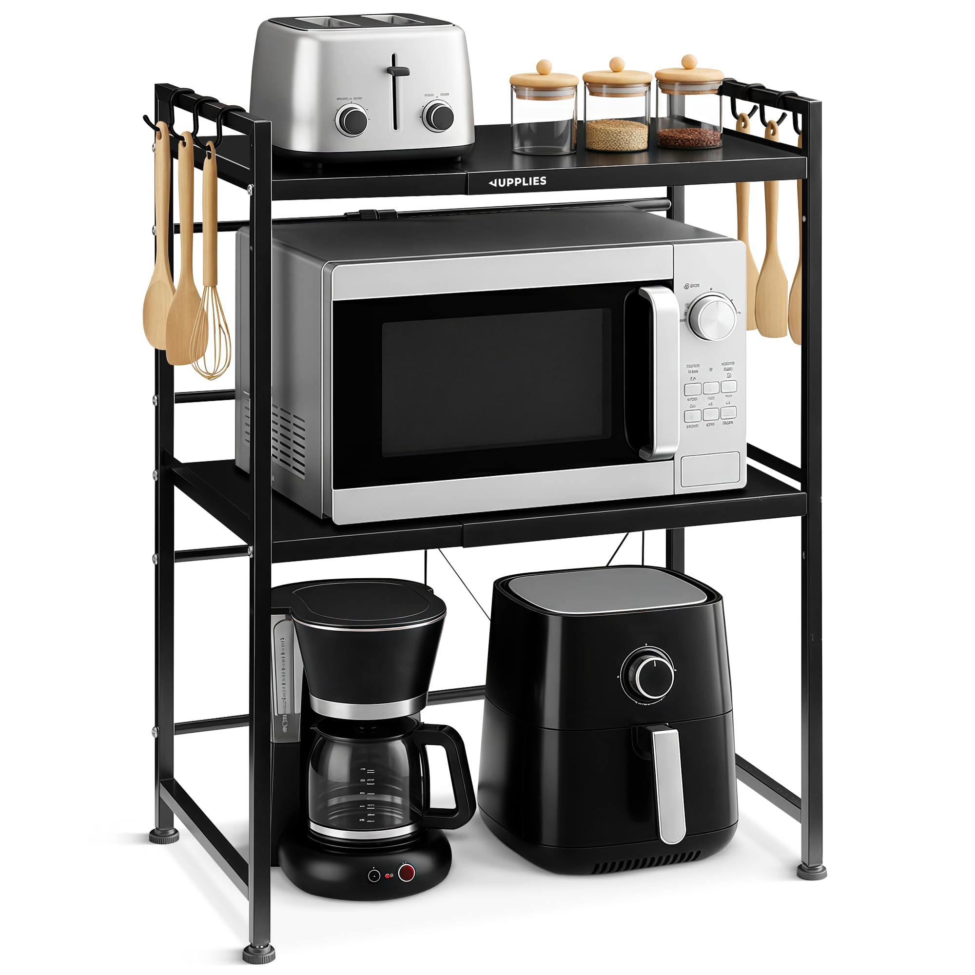 JUPPLIES Soporte Microondas 77,5×39×36,2 cm – EstanterÃa Microondas Extensible 39–60 cm – Mueble Microondas Cocina de Acero Antióxido con 8 Ganchos – Estante Reforzado de Alta Capacidad para Encimera
