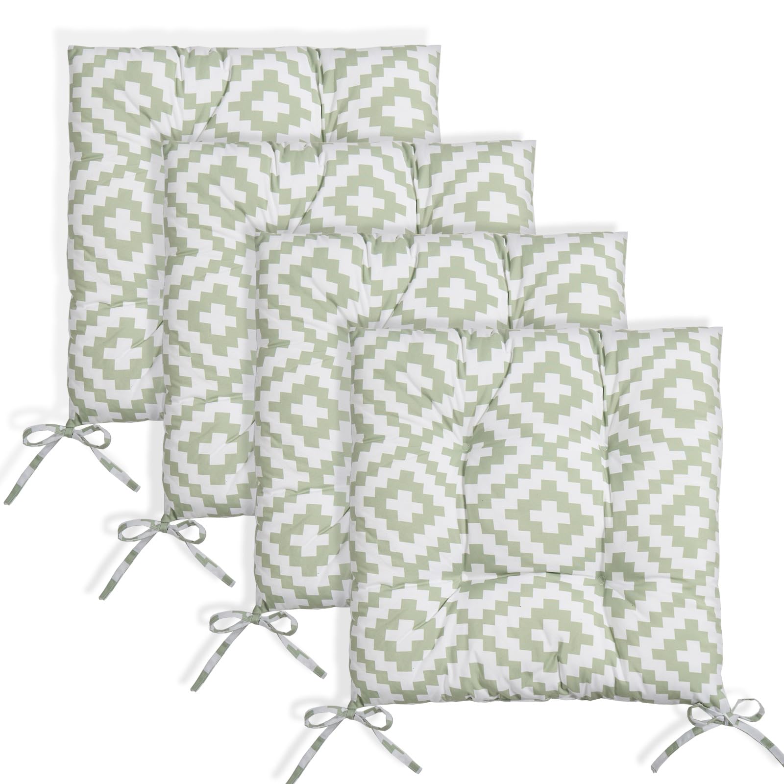 Ohs Sage Geo 4 Pack Garden Chair Cushions, Outdoor Seat Pads For Dining Chairs Soft Comfy Dining Chair Cushions With Ties For Indoors Outdoor Kitchen, Sage - 40X40cm, Geometric Print