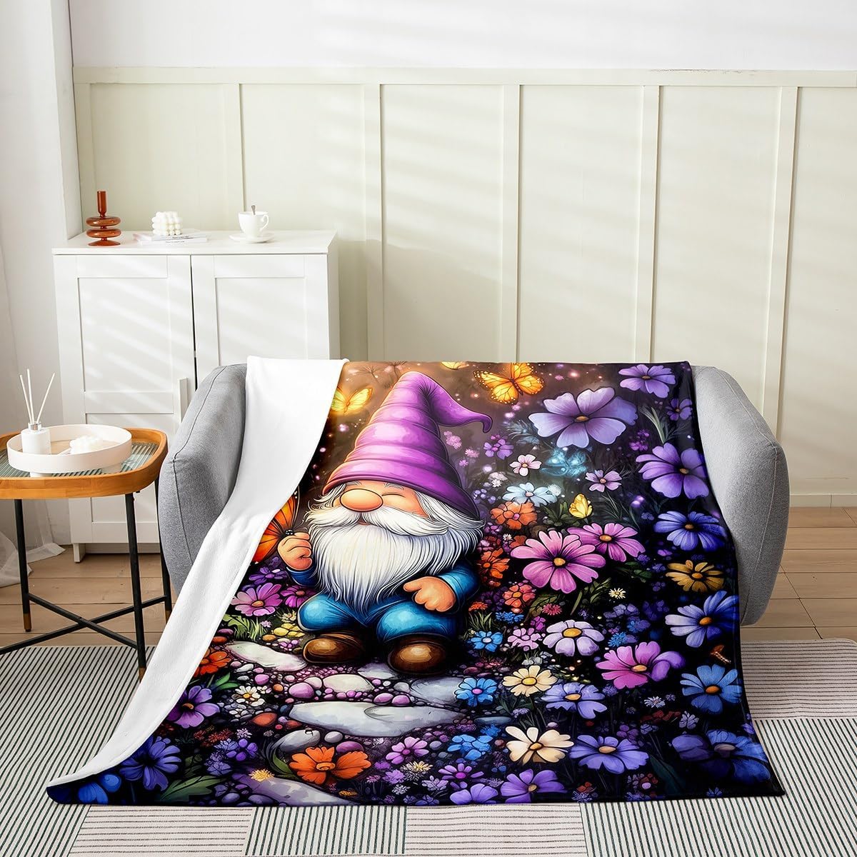 Erosebridal Gnome Fleece Throw Blanket Queen Inch Floral Dwarf Flannel Blanket for Boys Girls Butterfly Botanical Flowers Purple Grey Lightweight Microfiber Room Decor