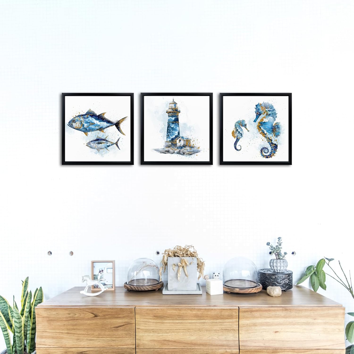LoveHouse Framed Coastal Wall Art Blue and Gold Fish Painting Lighthouse Canvas Prints Seahorse Pictures Nautical Bathroom Wall Decor 12"x12" 3pcs