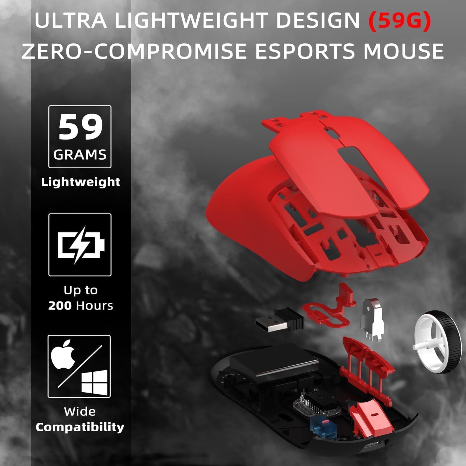 AJ139 PRO Mouse da Gioco Wireless, Mouse Leggero 59g, Sensore Ottico PixArt PAW3395, 26K DPI, Modalità Duale 2.4G / Cablato, Batteria 200 Ore, 6 Pulsanti Programmabili, per Win/Mac - Rosso