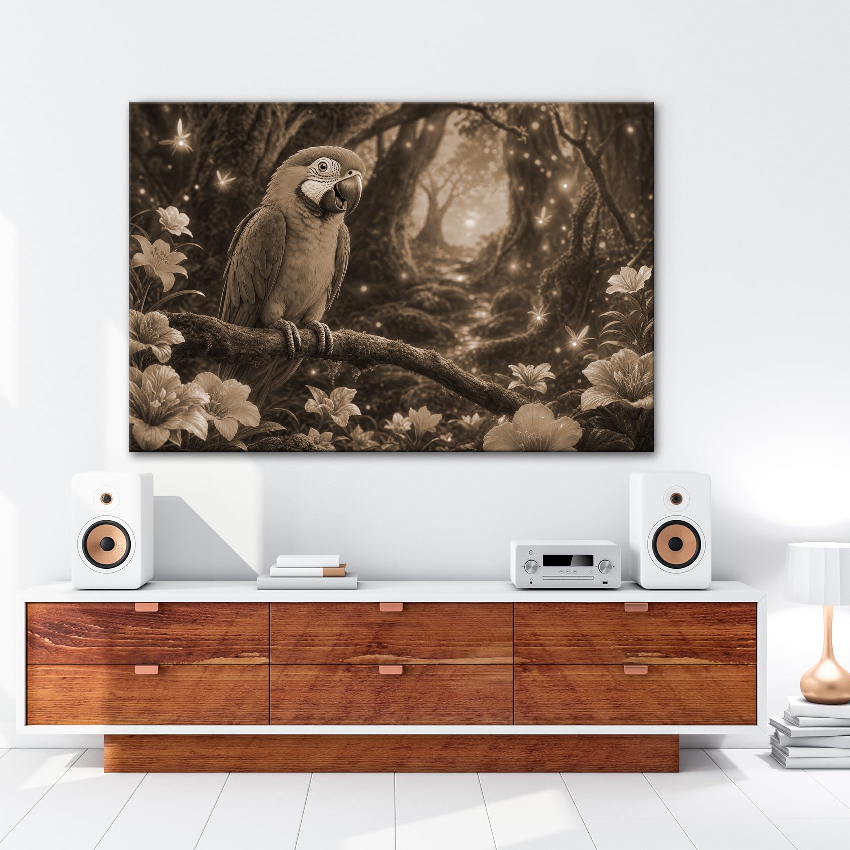 deyoli Obraz na płótnie Kolorowa papuga na drzewie w zaczarowanym lesie 100 x 70 cm Sepia | Format poziomy, jednoczęściowy druk artystyczny XXL, obraz na blejtramie, obraz na płótnie, obraz ścienny, dekoracja salonu