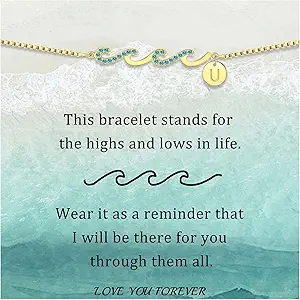 Dainty Gold Bracelet with Initials, Gifts for Women Initial Bracelets for Women Mom Gift Teen Gifts Trendy Stuff Wave Bracelet Grandma Graduation Gifts for Her 2025 Daughter Friend Letter A-Z Birthday Christmas Jewelry