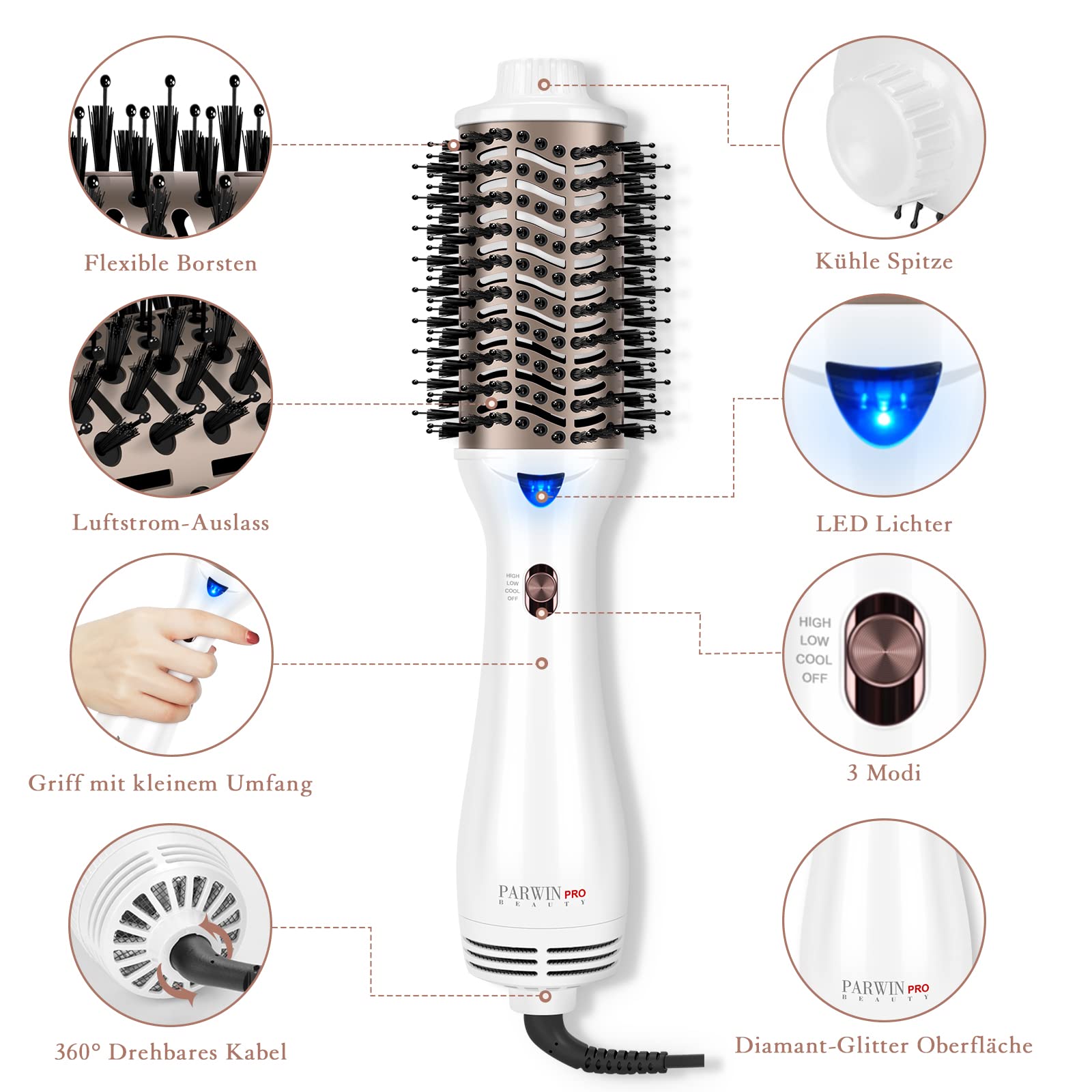 One-Step Szczotka do Ciepłego Powietrza, PARWIN PRO BEAUTY 4 w 1 Owalny Volumizer do Suszenia, Wygładzania, Tworzenia Objętości i Stylizacji, Pielęgnacja Jonowa, 1000 wat, Biały
