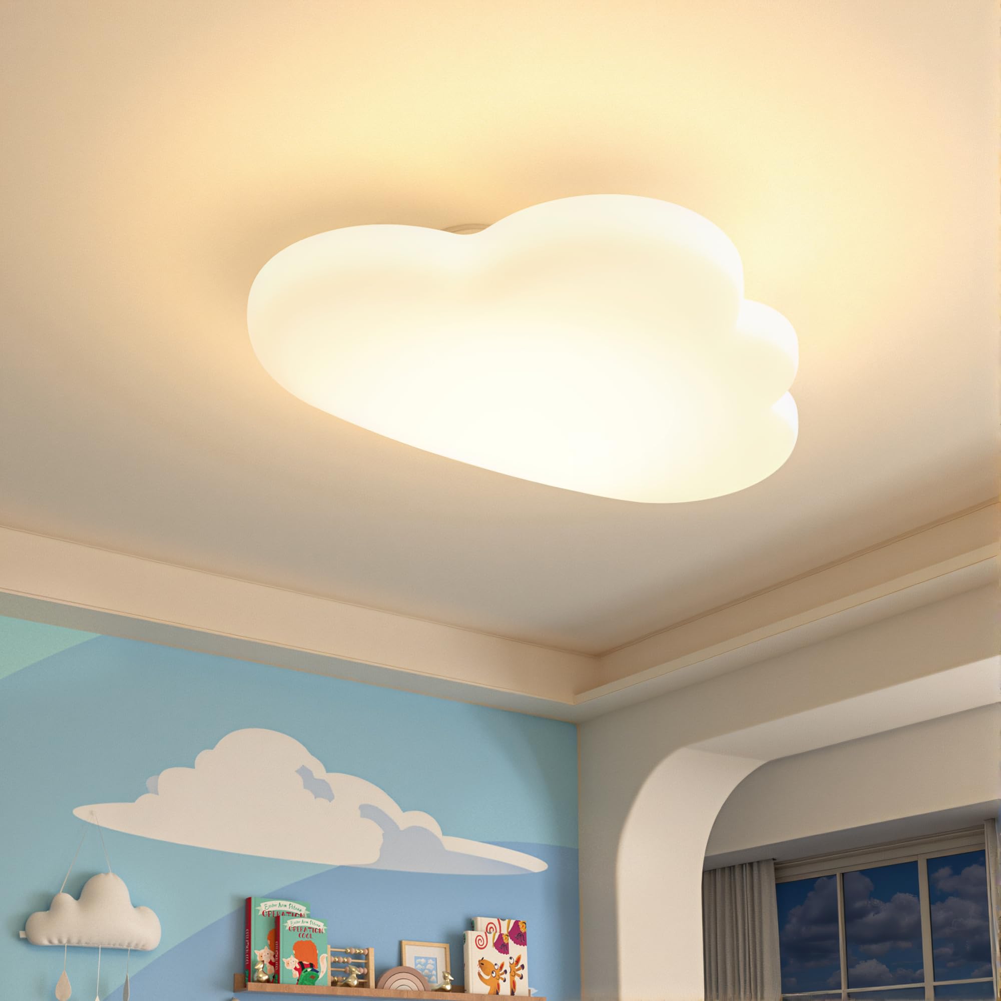 AOEH LED Deckenleuchte Schlafzimmer Kinderzimmerlampe Deckenlampe Deckenleuchte für Kinder Wolken deckenleuchte Holz Stufenloses Dimmen mit Fernbedienung Mit Nachtlichtfunktion