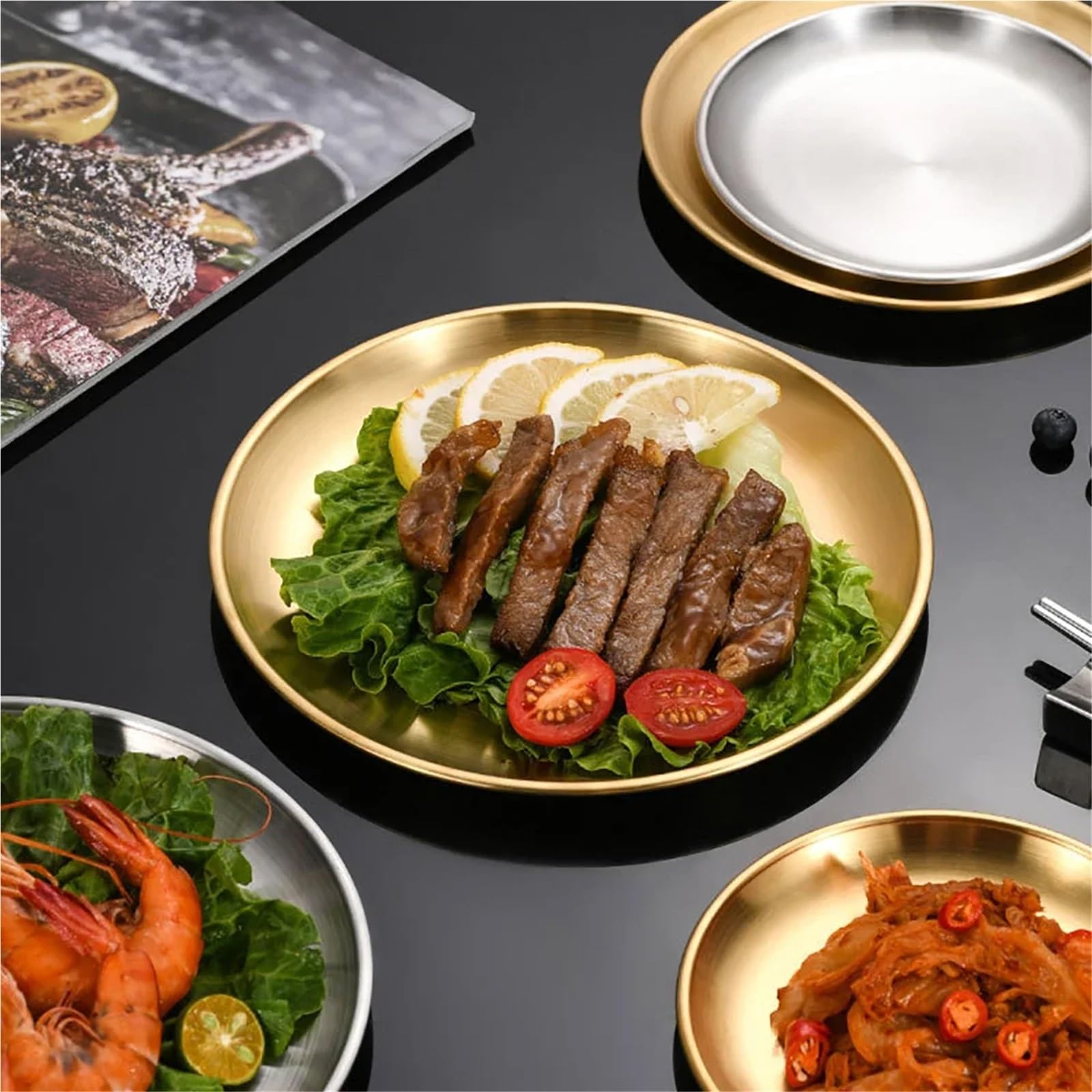 Bandeja de Servicio de Acero Inoxidable Juego De 6 Platos Acero Inoxidable For Pollo Frito, Barbacoa, Carne, Verduras, Frutas, Bandeja Almacenamiento For Fiestas(30cm Gold)
