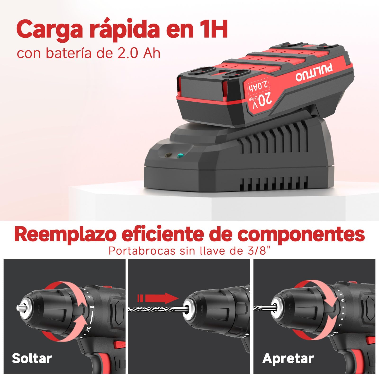 PULITUO 20V Taladro Percutor a Batería, Taladro Atornillador Batería c/ 2x2,0Ah, Portabrocas de 3/8", 2 Velocidades, 21+1 Pares, Con Set de Accesorios de 42 Piezas, Kit de Reparación Doméstica