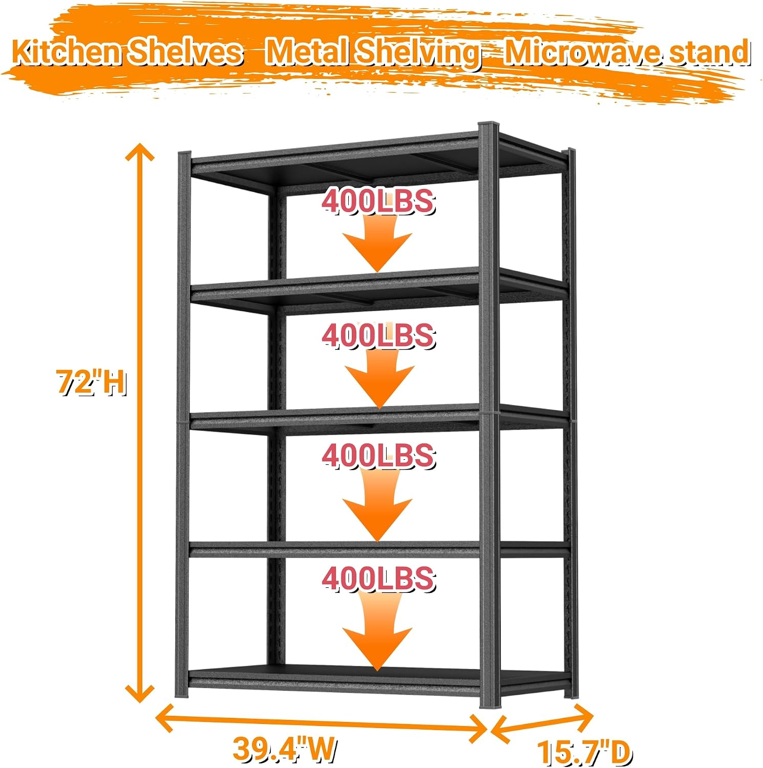 Kitchen Storage Shelves Metal Shelving 5-Tier Microwave Stand with Storage 2000LBS Kitchen Stand Adjustable Storage Rack for Balcony, Basement, Garage, Pantry, Living Room, 72"H×39.4"W×15.7"D, Black