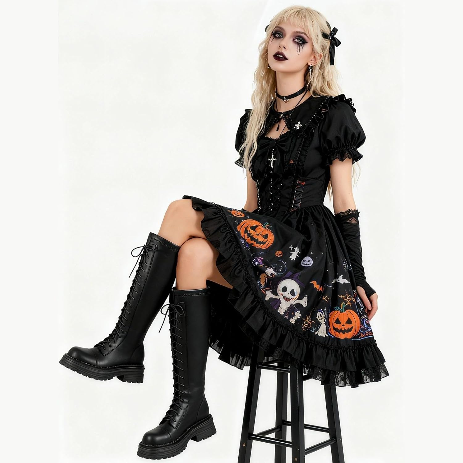 Women's Chunky Platform Knee High Boots - Combat Motorcycle Riding Boots in Faux Leather with Lace Up & Zipper, for Fall, Winter, Casual, Office & Night Out - Image 2