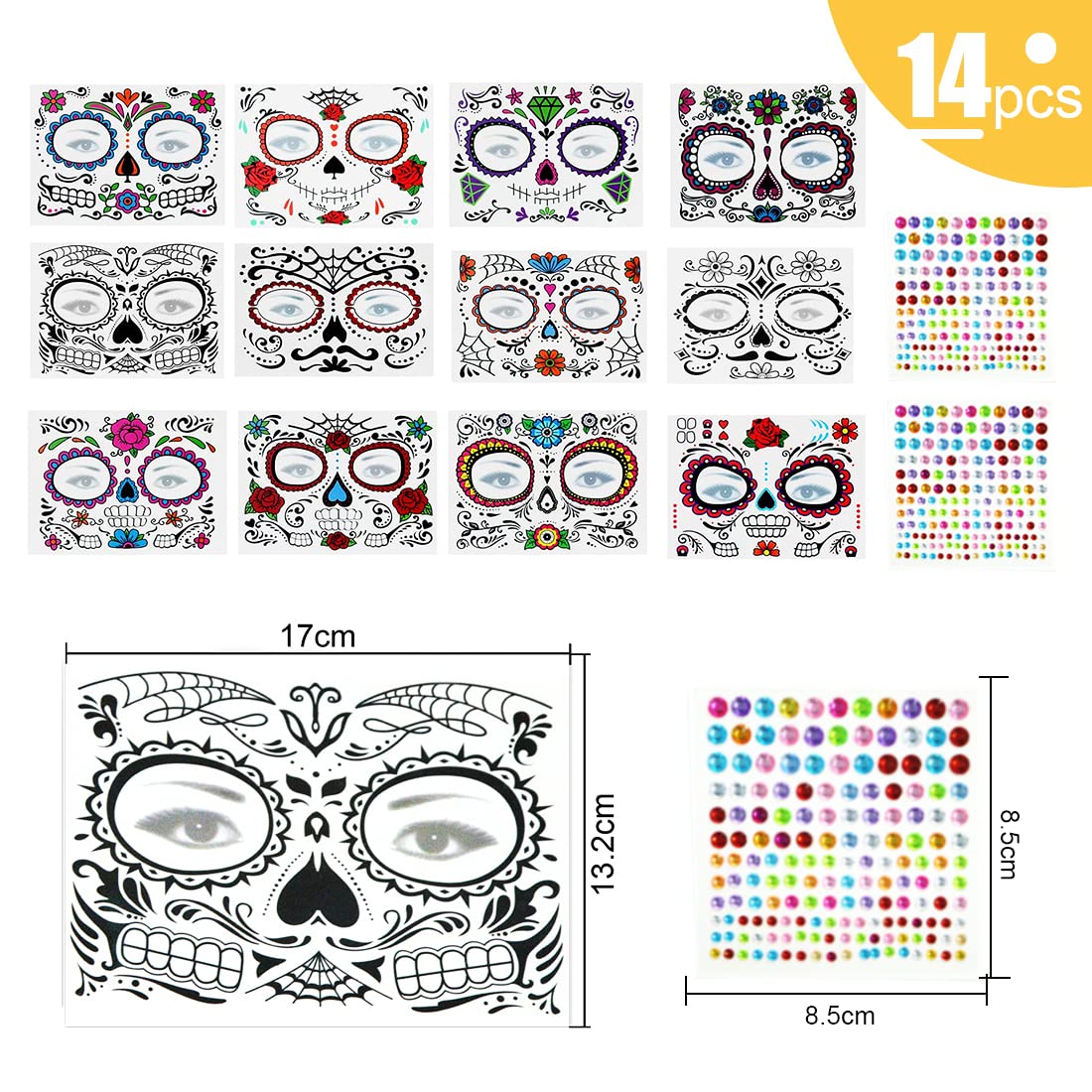 Bluelves Set di 14 Tatuaggi Viso Temporanei per Halloween - 12 Adesivi per Il Viso + 2 Fogli Adesivo Gemma - Maskerade Face Tattoo per Party