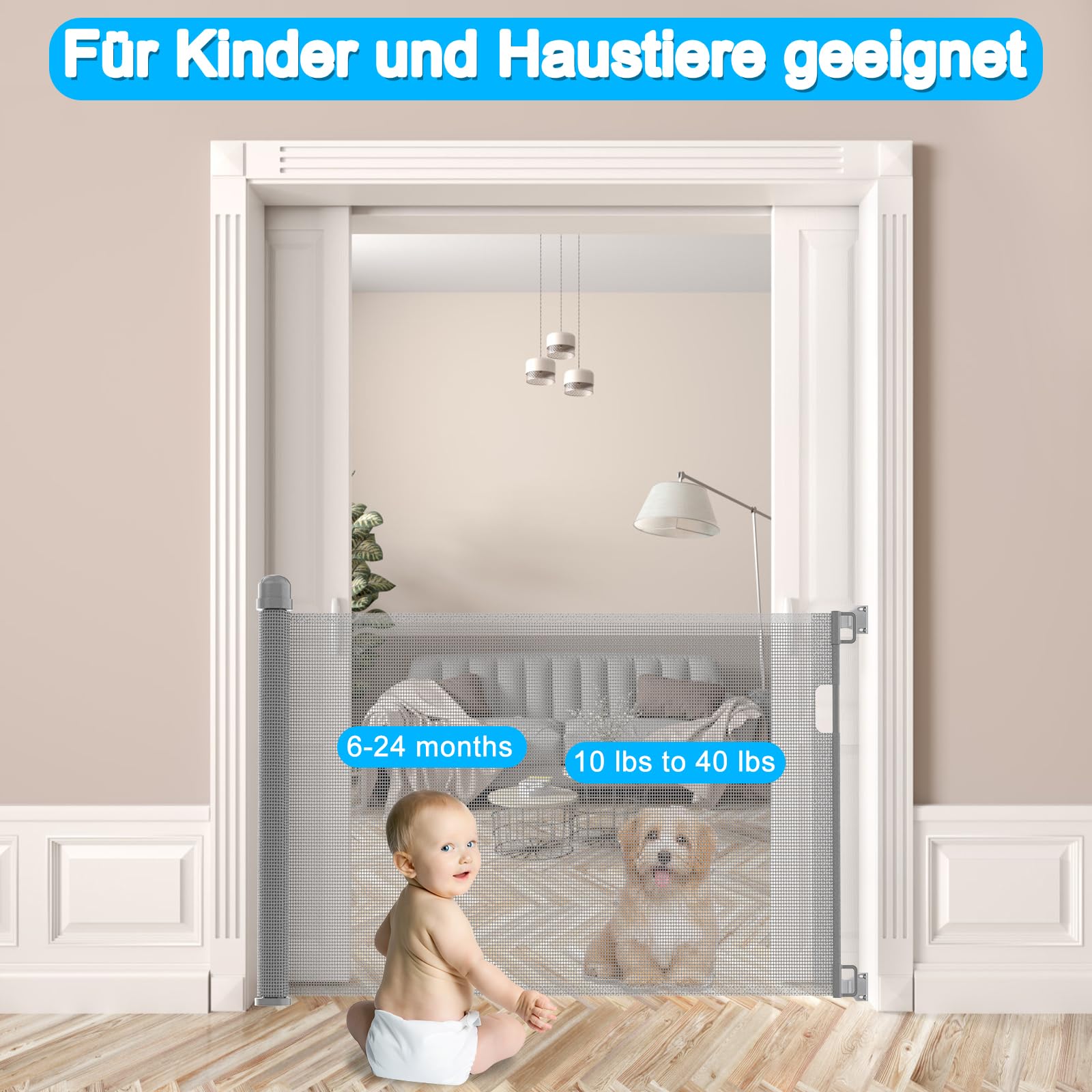 LZQ Türschutzgitter Treppenschutzgitter Roll für Babys und Haustiere,Baby Absperrgitter,0-180cm, 87 cm Hoch,Geeignet für Treppen/Türen/Innen & Außen, Grau