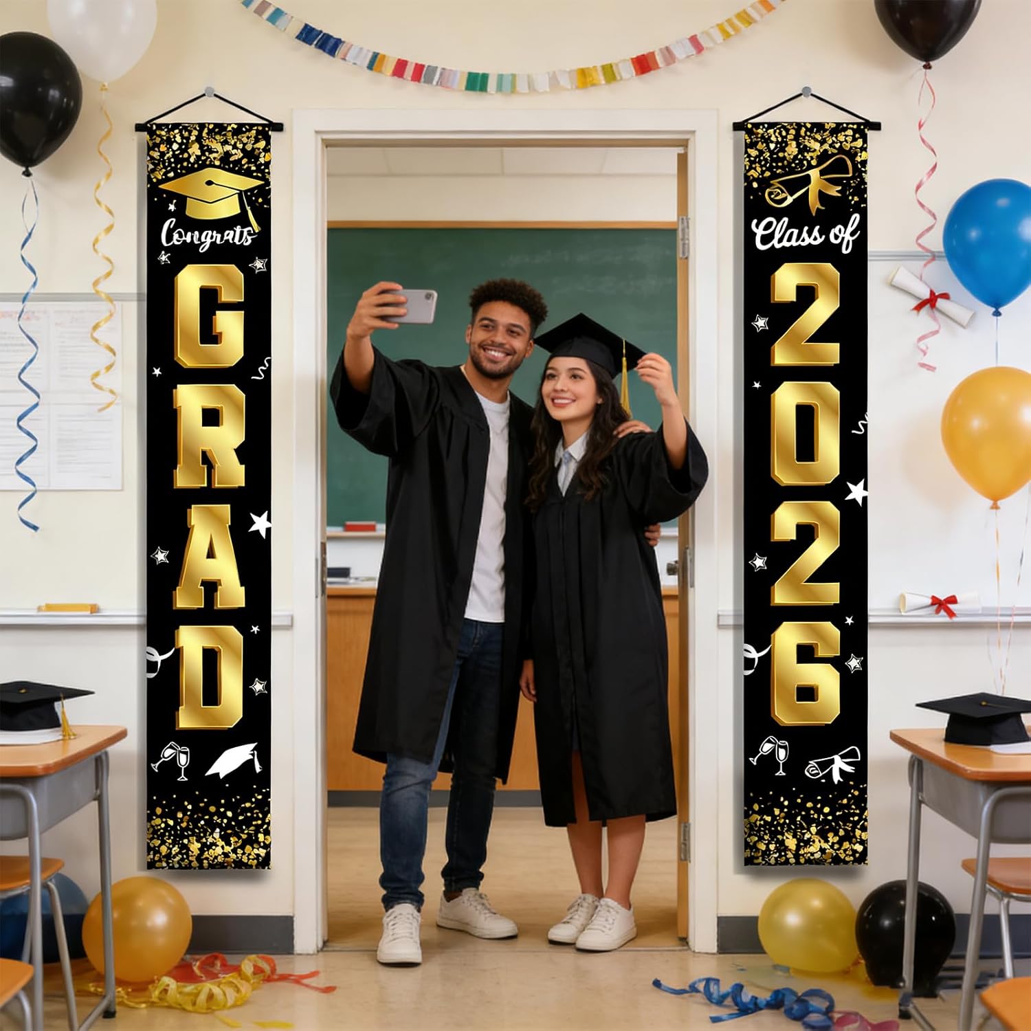 Class of 2026 Graduation Banner Door Porch Signs - Black and Gold Grad Party Decorations,Graduation Party Decorations for Door Wall, Hanging Graduation Decor for 2026 Graduation Decorations (gold) - Image 2