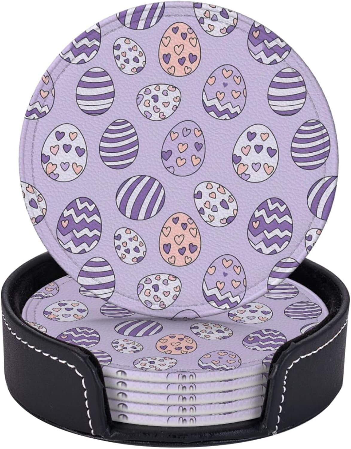 Easter Coasters for Drinks Set of 6 Colorful Eggs Hearts Purple Spring Home Decor Round Leather Drinks Coaster with Holder Heat Resistant Cup Mat Pad for Party, Kitchen & Dining Table