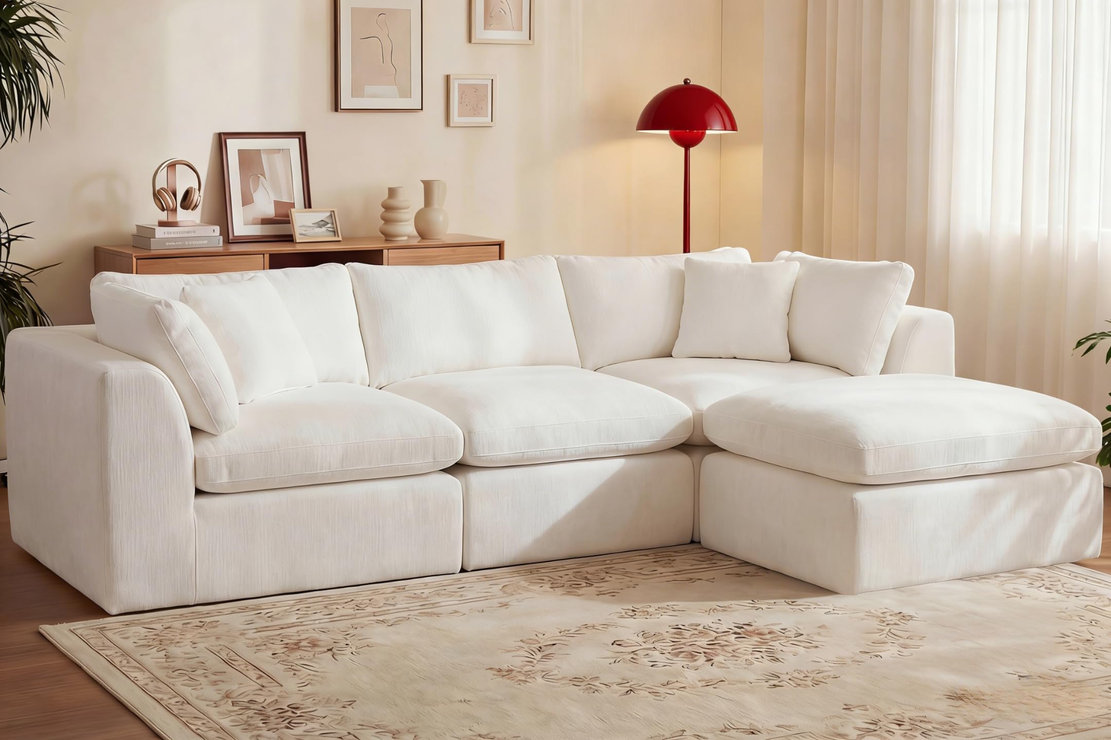 110'' Oversized Cloud Sectional Boneless Couch for Living Room, Modern Big Compressed L Shape Couch with Ottoman & 2 Throw Pillows, Comfy Chenille Deep Seat Memory Foam Spineless 4 Seater Sofa,Beige | Washable Covers, Premium Chenille, Versatile Style, Cloud-Like Comfort, Flexible Modular, No Assembly Needed