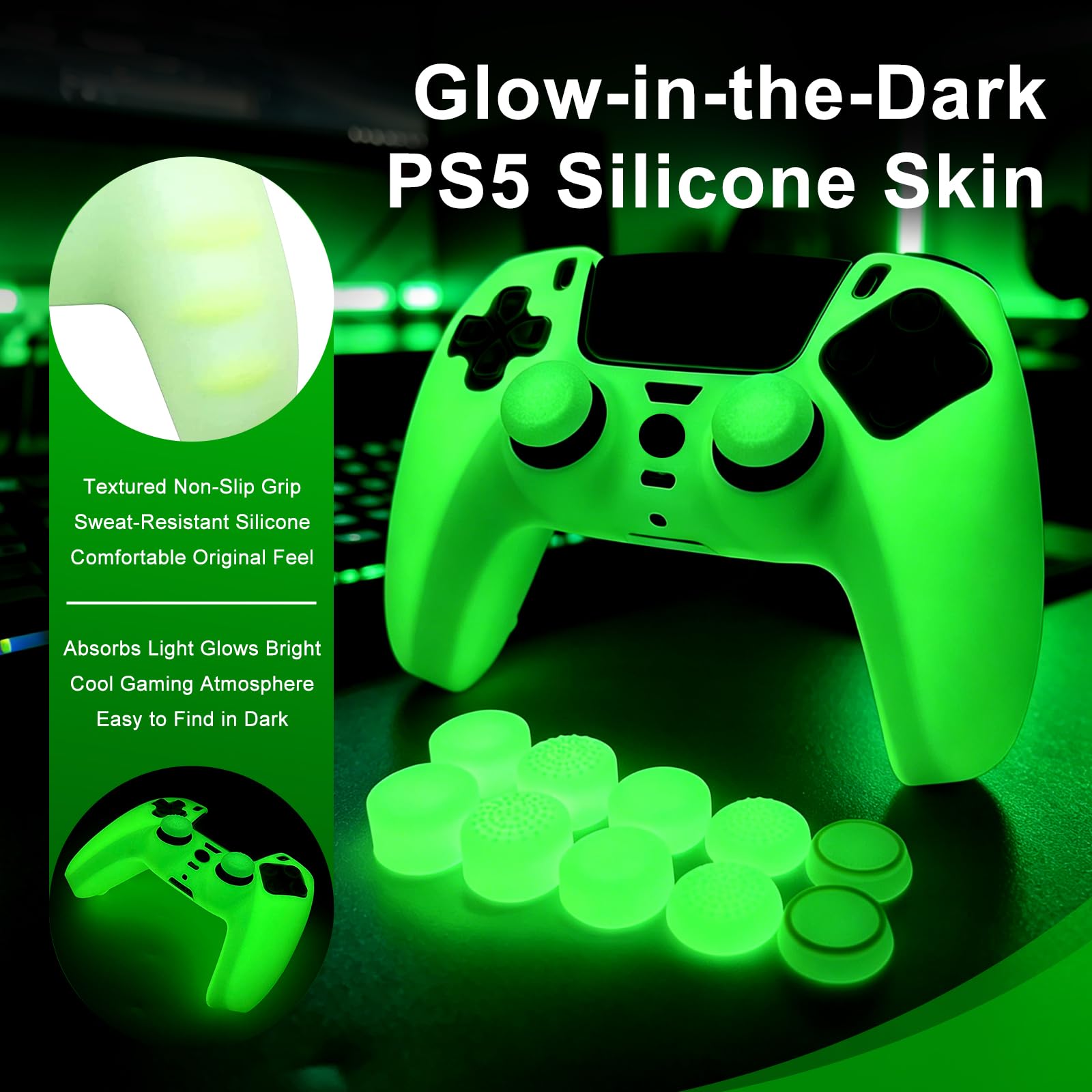 Skins Silicone Grip Glow in The Dark boîtier de Protection Compatible avec Le contrôleur PS5 + 8 PCS Thumb Grips Caps et 2 Grips Caps Glow in The Dark.