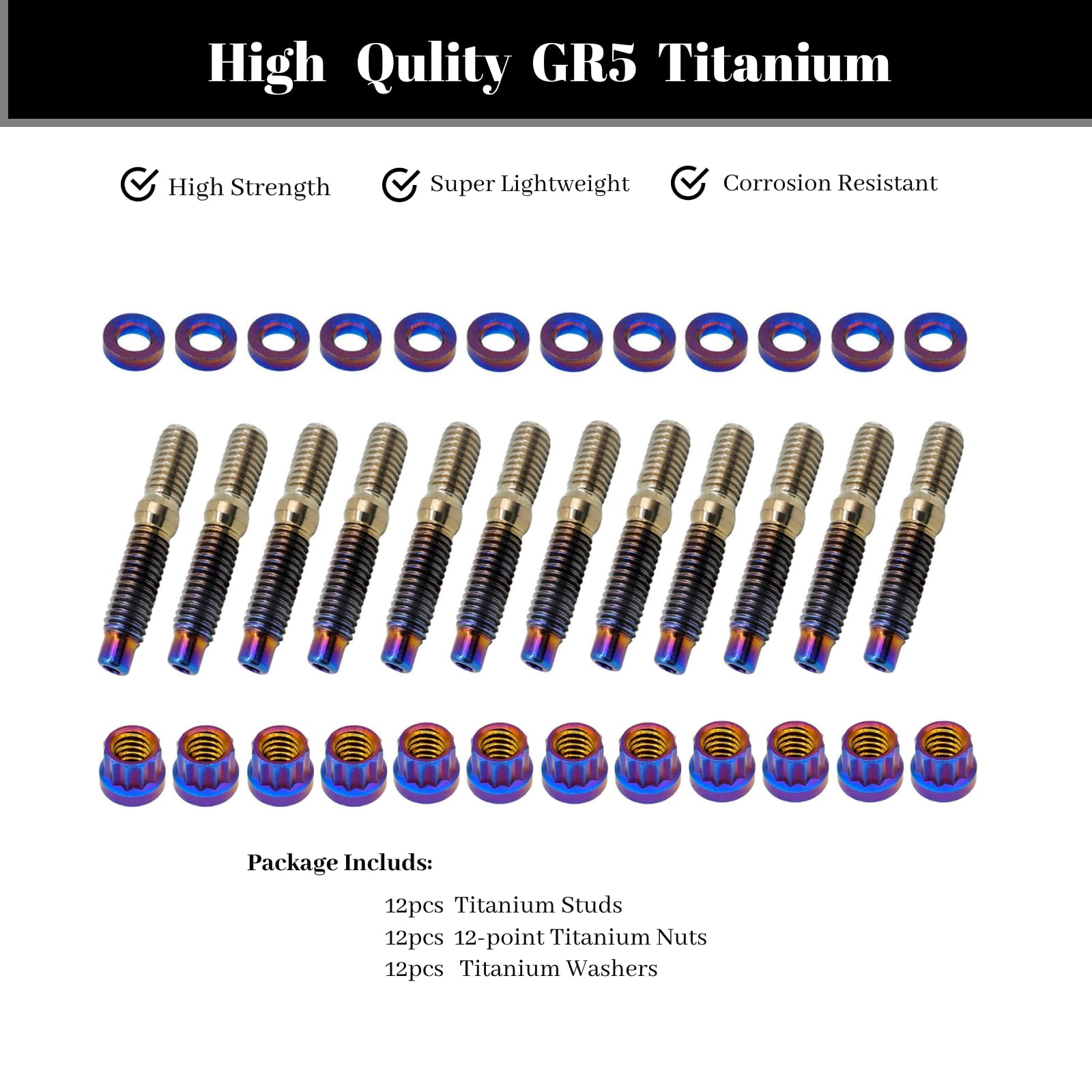 RISON-Titanium 12 Set Juego de Pernos para Colectores de Escape de Titanio M10x1.25x54mm, Prisioneros Roscados con Tuerca de Brida de Sistema de Escape, Tornillos Espárrago para Coche Moto