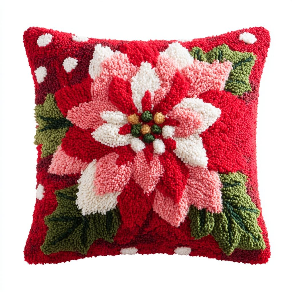 Taxpy DIY Rug Pillow Cover Latch Hook Cushion Kits, Red Flowers Needlework Pillow Cover Sofa Cushion Rug Making Kits,17x17inch