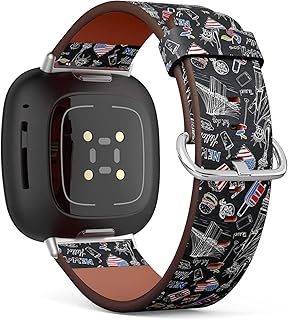 CJBROES Replacement Leather Watch Band, Compatible with Fitbit Versa 3 and Fitbit Sense of Wristband Bracelet Accessory - New York Doodle American