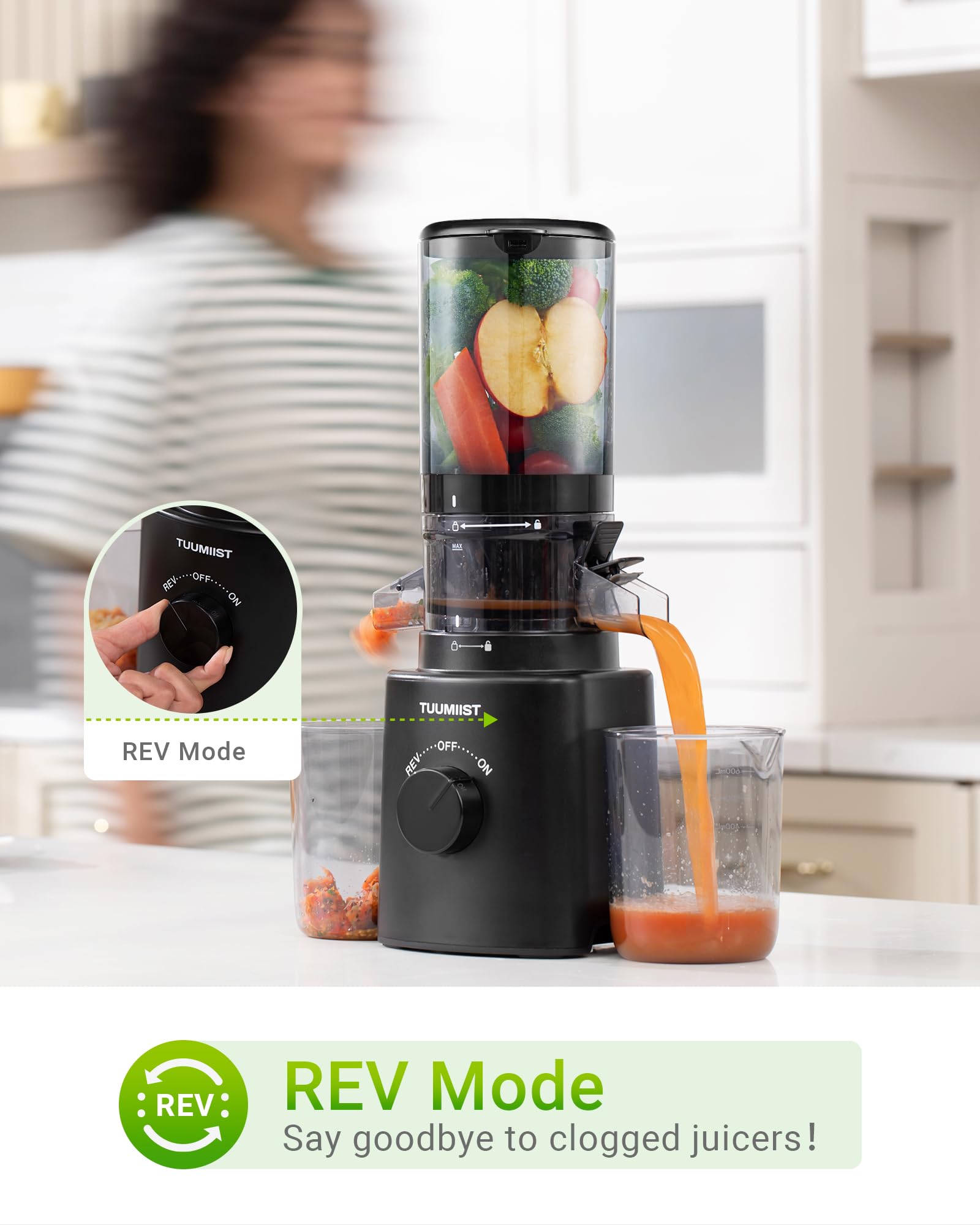 TUUMIIST Slow Juicer Entsafter mit Extra Großem Einfüllschacht 120mm, Saftpresse BPA-Frei Glanzschwarz