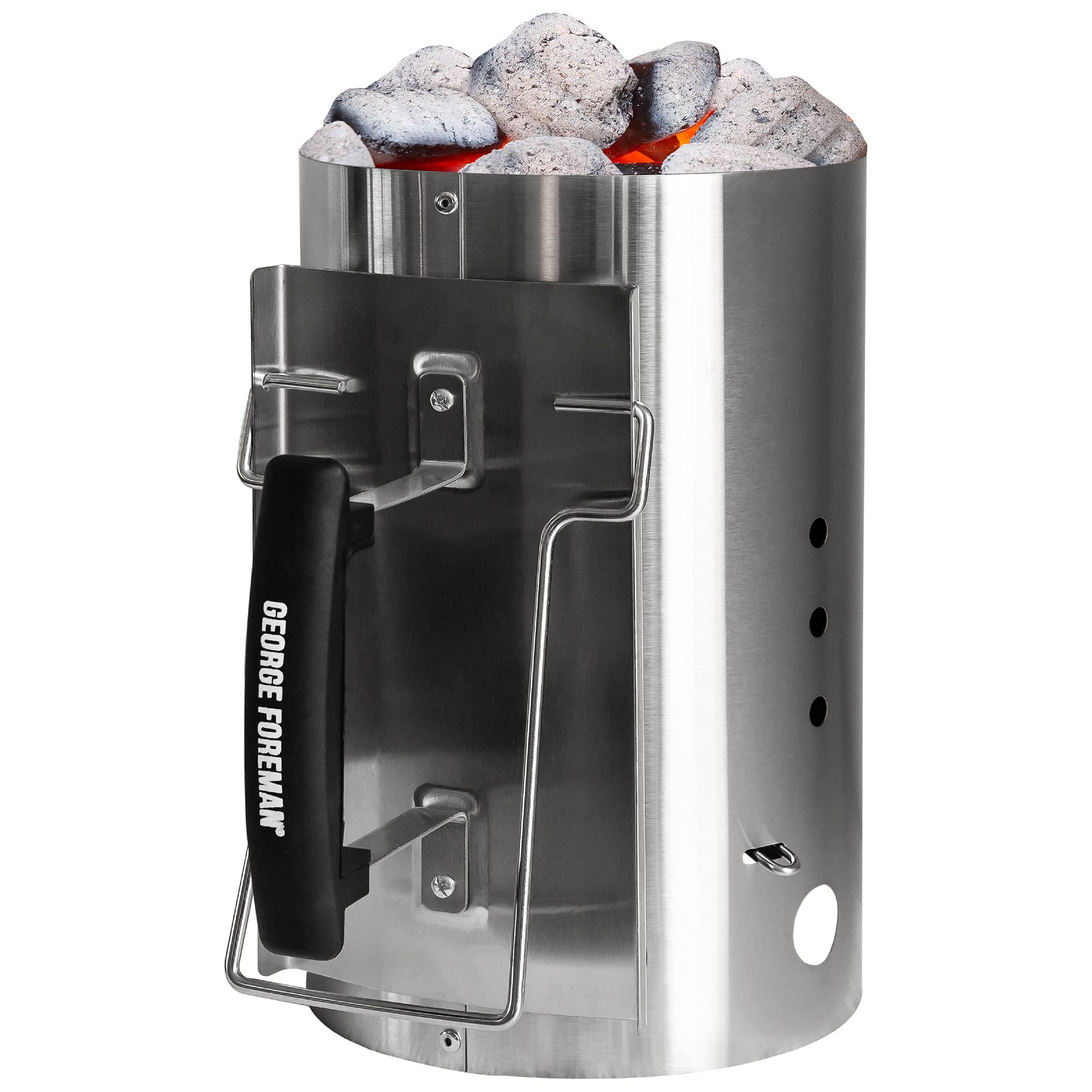 George Foreman Quick-Fire Large Chimney BBQ Starter, 19cm Diameter, Portable Barbecue, Coal Burner, Lightweight and Durable in Stainless Steel with Two Safety Handles, GFCMS19