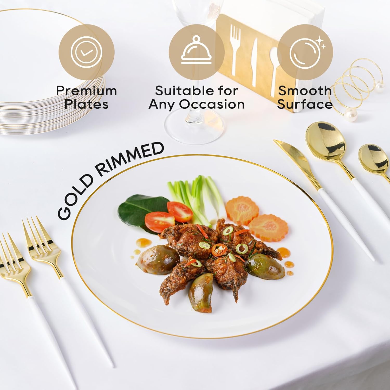 FOCUSLINE 100 Count Gold Plastic Plates 10.25 Inch, Disposable Heavy Duty Dinner Plates, Premium Hard Plastic Plate Fancy Disposable White Plate with Gold Rim