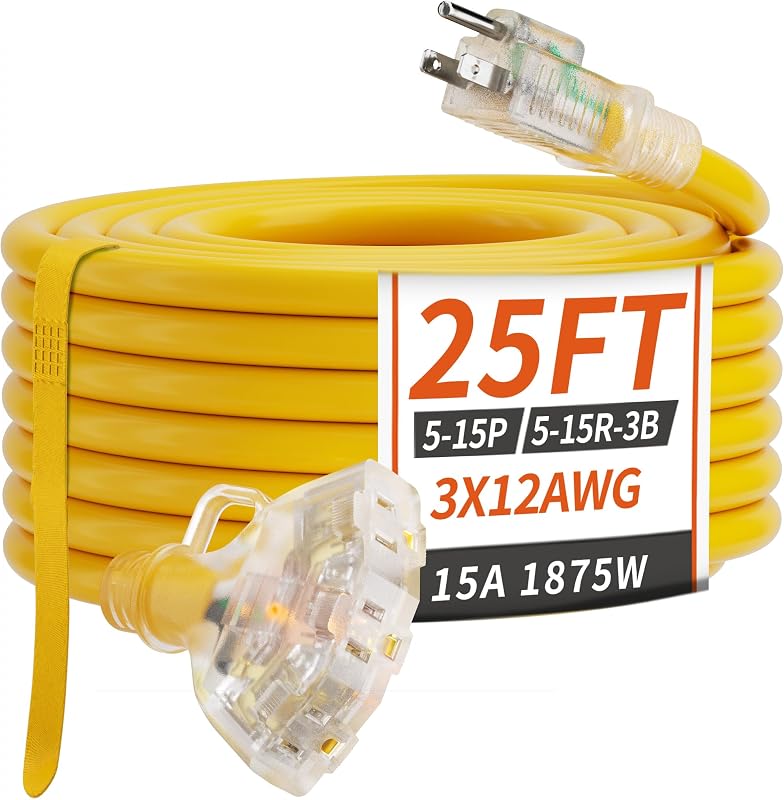PlugSaf Cable de extensión para exteriores resistente al agua, calibre 12, color amarillo, 25 pies | Cable de extensión con indicador luminoso de múltiples salidas, 12 AWG 3 salidas, SJTW flexible, 15 A 1875 W, certificación ETL, interior/exterior