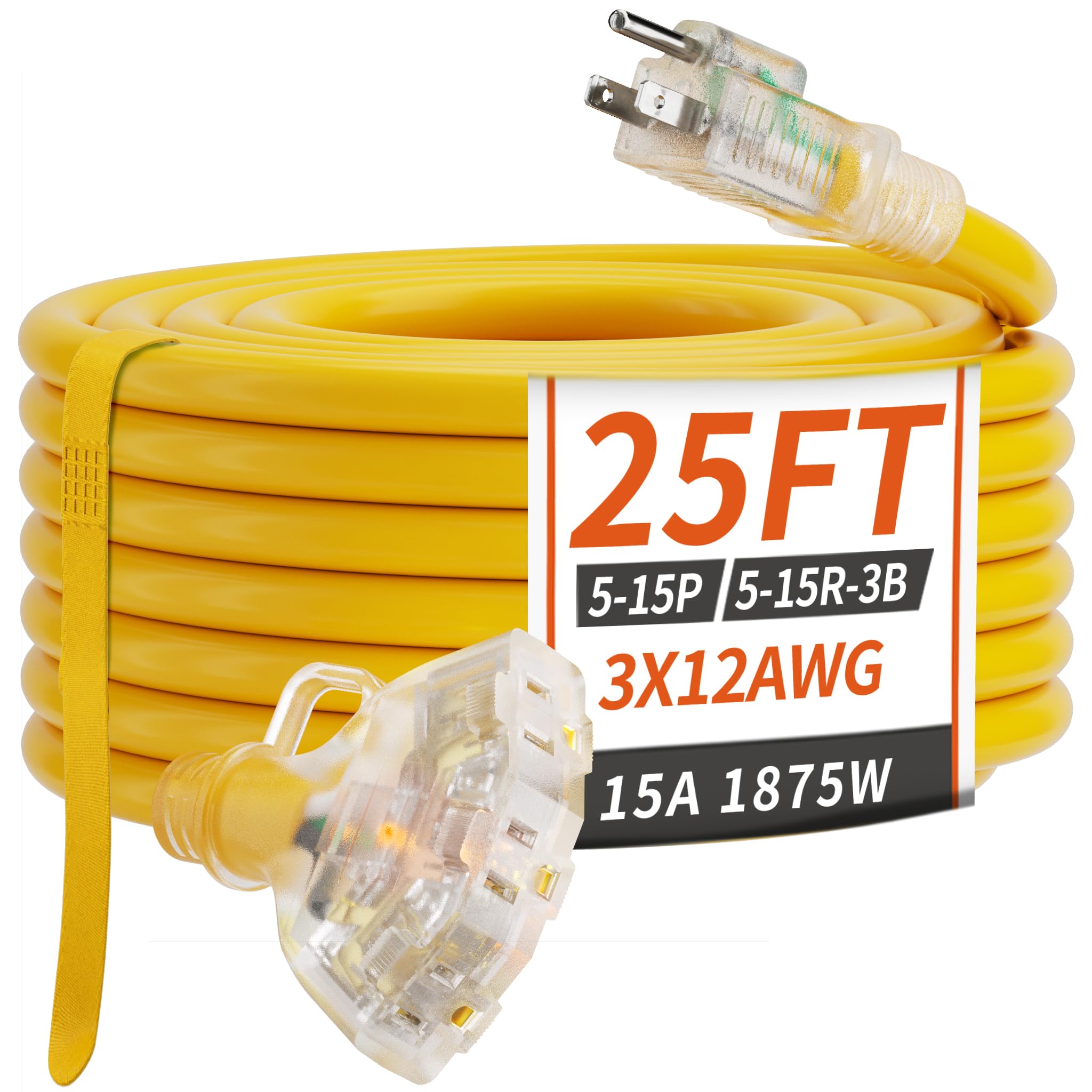 PlugSaf 25 FT 12/3 Gauge Outdoor Extension Cord with Multiple Outlets Light Indicator, Flexible 3 Outlet Weatherproof Heavy Duty Extension Cord Waterproof Yellow, 15A 1875W 12AWG SJTW, ETL Listed