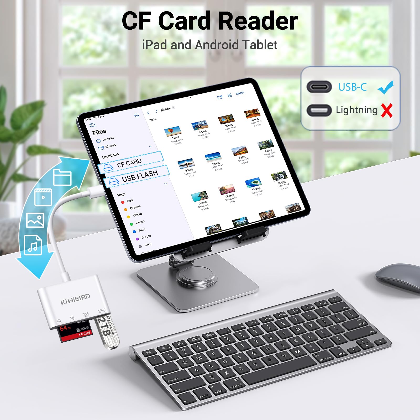 KiWiBiRD Czytnik kart USB C Compact Flash CF, czytnik kart SD Micro SD SDHC typu C do kart pamięci aparatu, kompatybilny z iPhone 17 16 Plus Pro Max MacBook Air Mac iMac, Galaxy S25 S24 Android