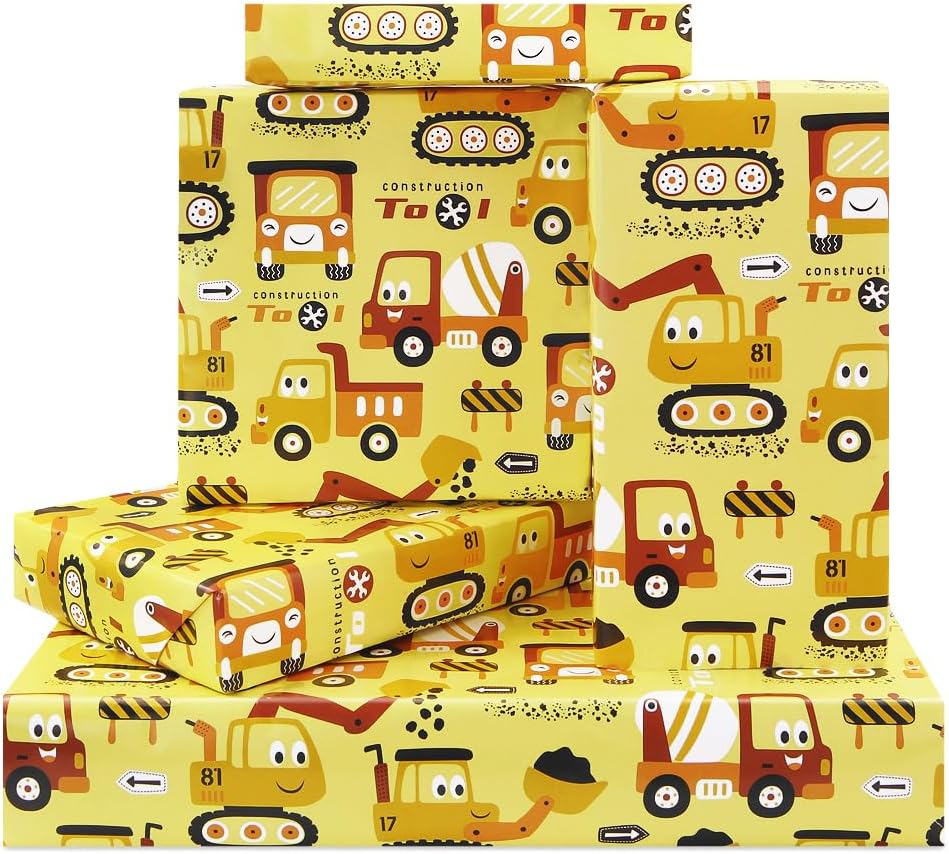 Road Under Construction Excavator Digger Tractor Truck On Yellow Wrapping Paper for Kids Boys