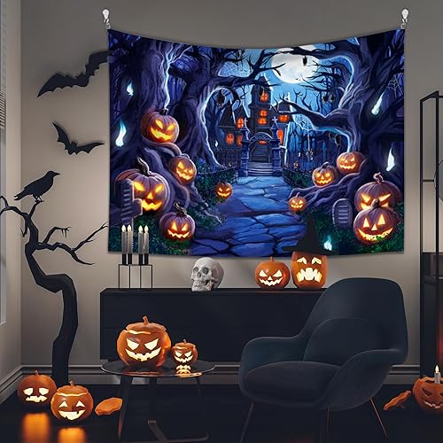 Miniatura 2 de XIAYUEHUA Tapiz de noche de Halloween, tapiz de calabaza para colgar en la pared, tapiz espeluznante de casa embrujada, tapiz de bosque brumoso,