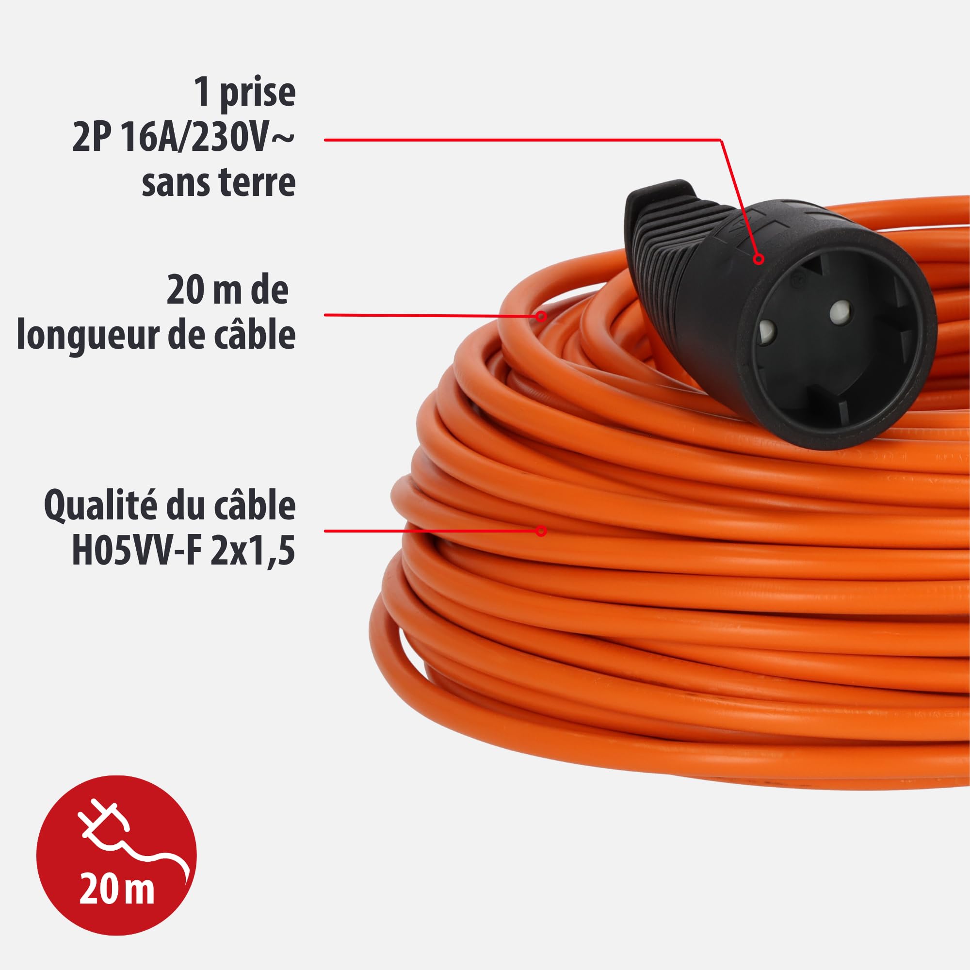 Brennenstuhl Rallonge électrique, sans terre, 16A, 20m H05VV-F 2x1,5 orange