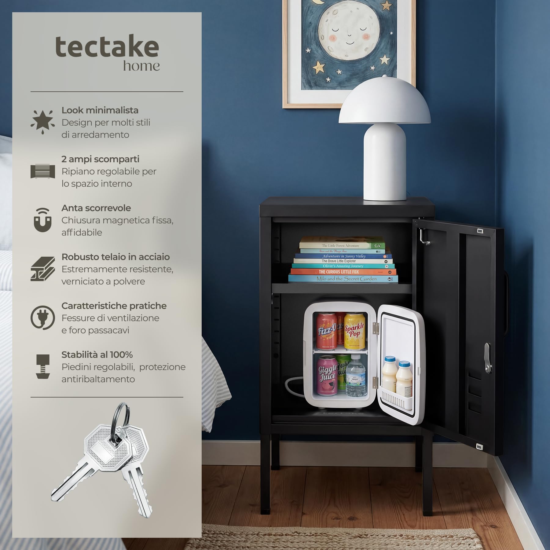 tectake® Comodino Camera da Letto in acciaio, 35x42,5x60,5 cm, mobiletto salvaspazio, ripiano regolabile, anta con chiave, chiusura magnetica, piedini regolabili, Tavolino Laterale da Divano - Nero