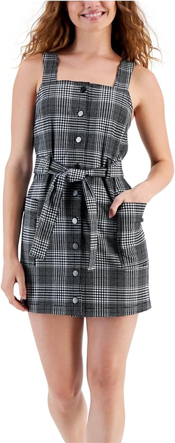 Tinseltown Womens Plaid Belted Overalls Overall Dress