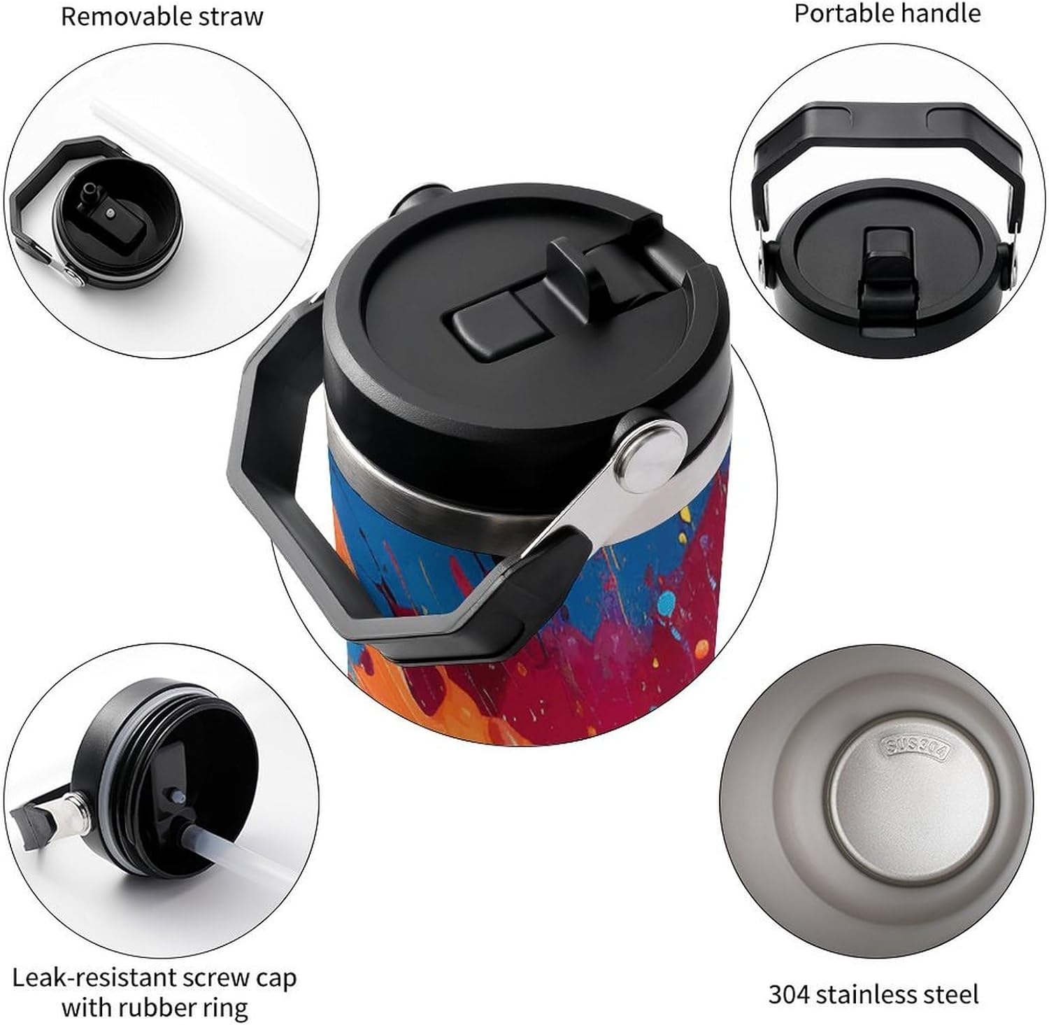 30oz Insulated Tumblers with Top Handle, Stainless Steel Colorful Paint Splatter Art in Many Colors Car Cup with Straw for Gift, Leak-Proof Double Wall Vacuum Travel Mug, Personalized Water Bottles Bl