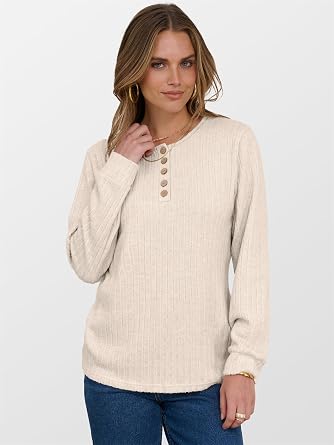 ANRABESS Ribbed Long Sleeve Henley Shirts for Women