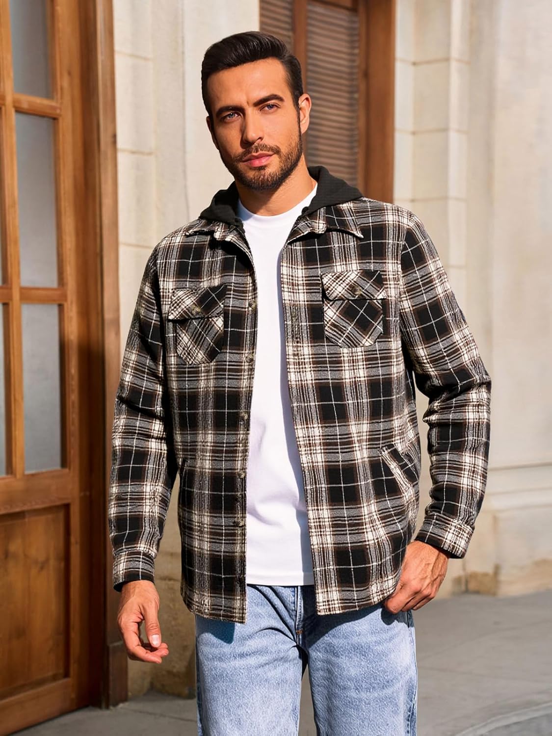 Yousify Mens Sherpa Flannel Shirt Jacket Fleece Lined Hooded Jacket Long Sleeve Button and Zipper Plaid Winter Coat - Image 3